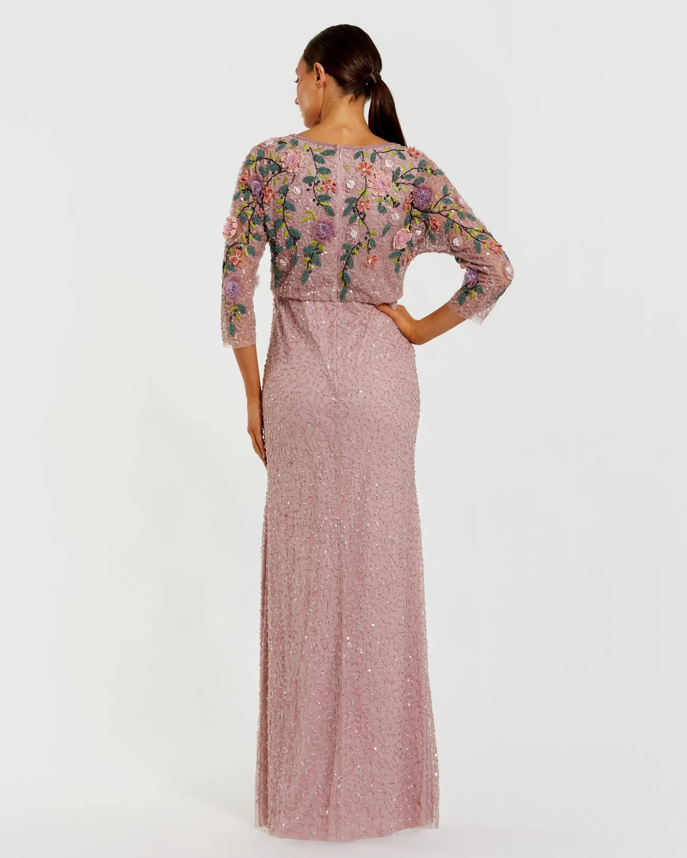 Purple Floral Embellished Long Sleeve Gown-Myartka