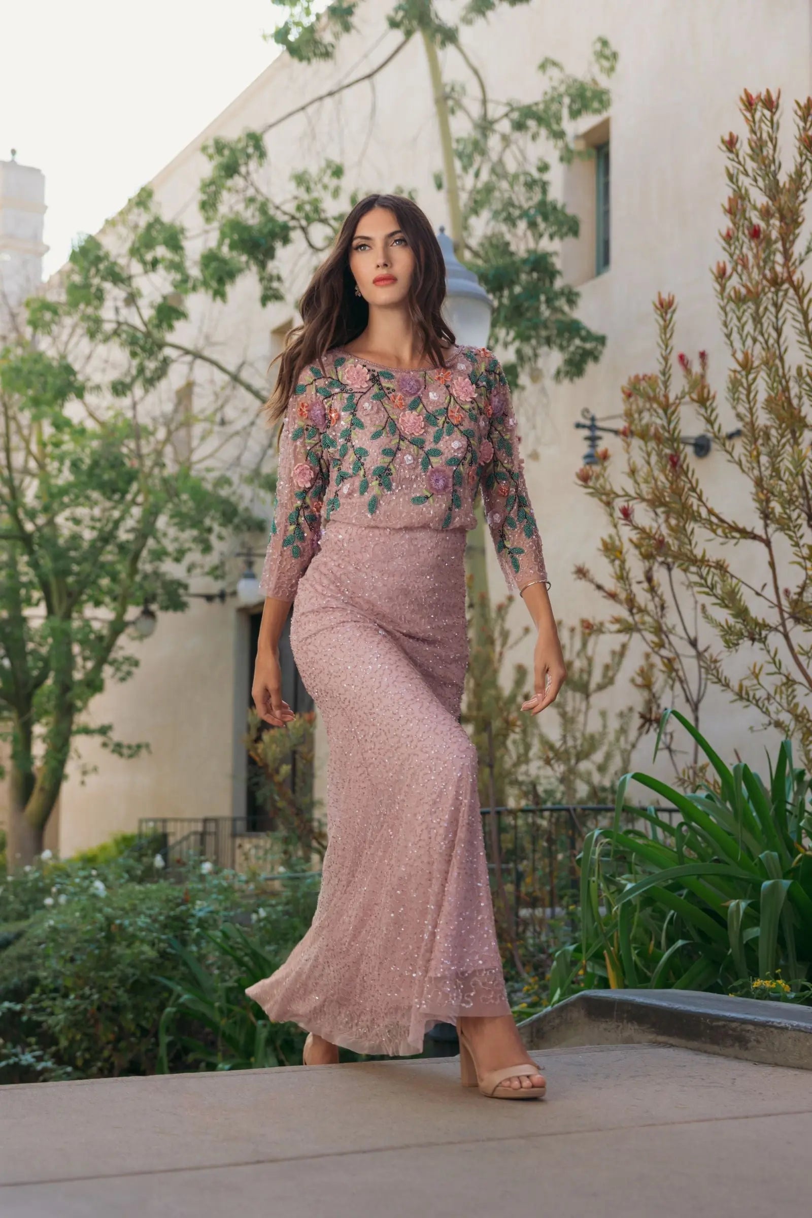 Purple Floral Embellished Long Sleeve Gown-Myartka