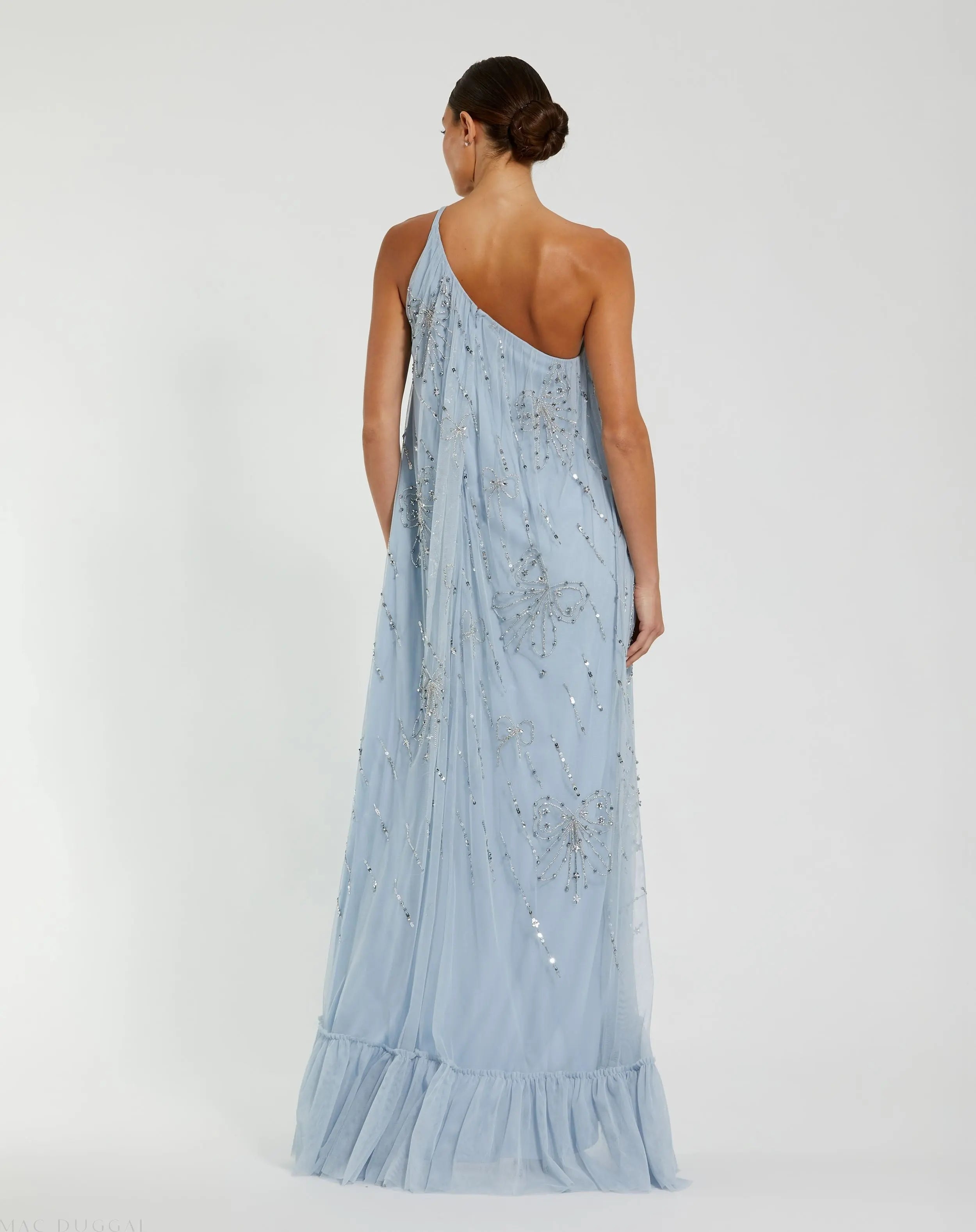 Blue One Shoulder Bow Embellished High Low Gown-Myartka