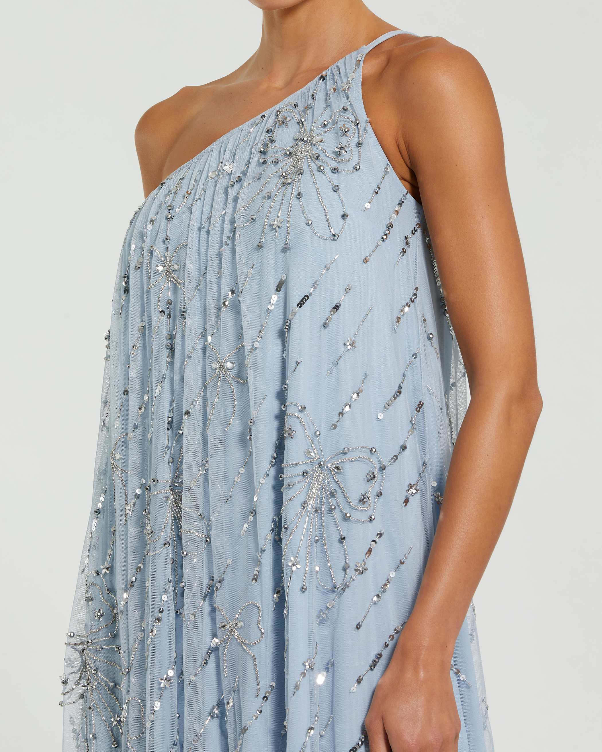 Blue One Shoulder Bow Embellished High Low Gown-Myartka