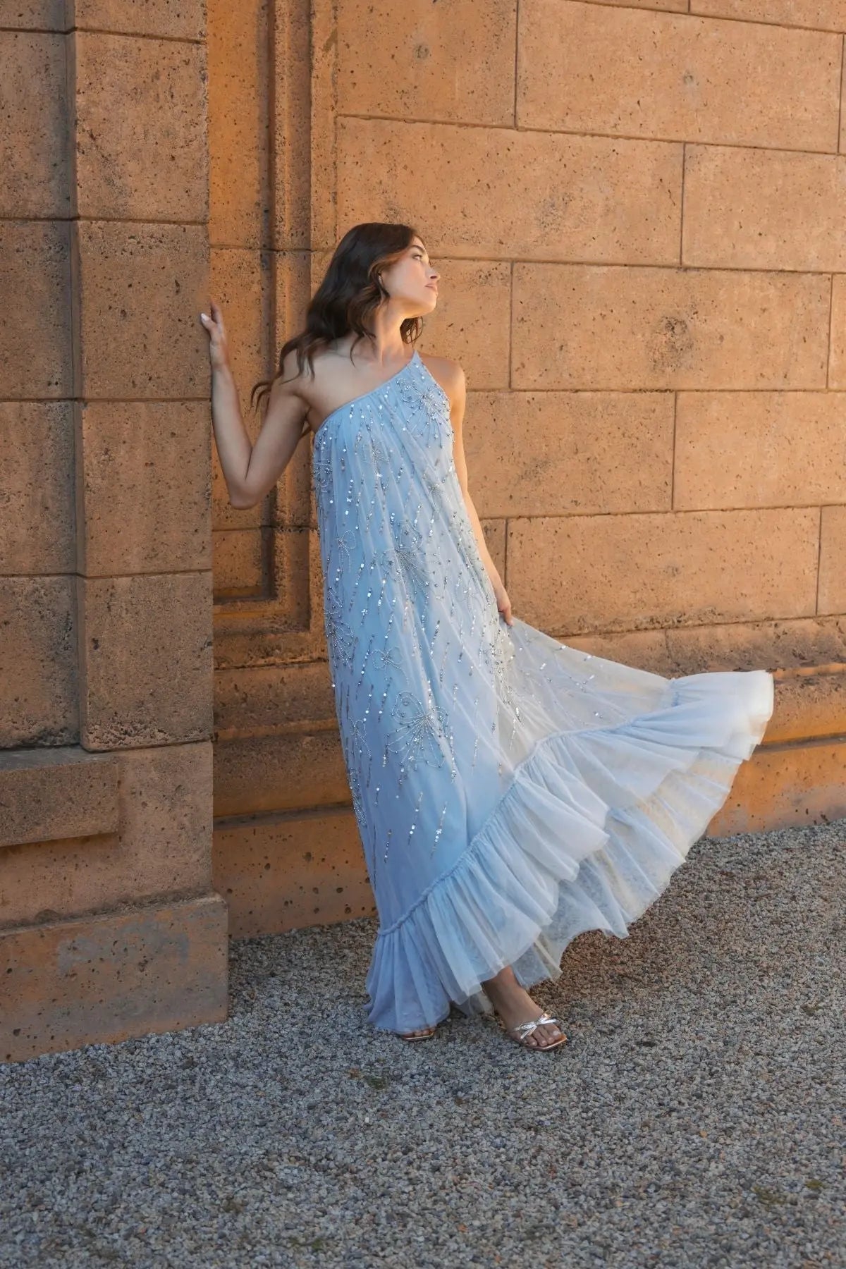 Blue One Shoulder Bow Embellished High Low Gown-Myartka