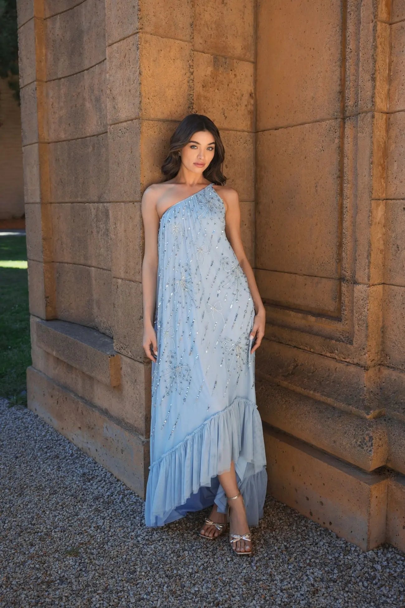 Blue One Shoulder Bow Embellished High Low Gown-Myartka