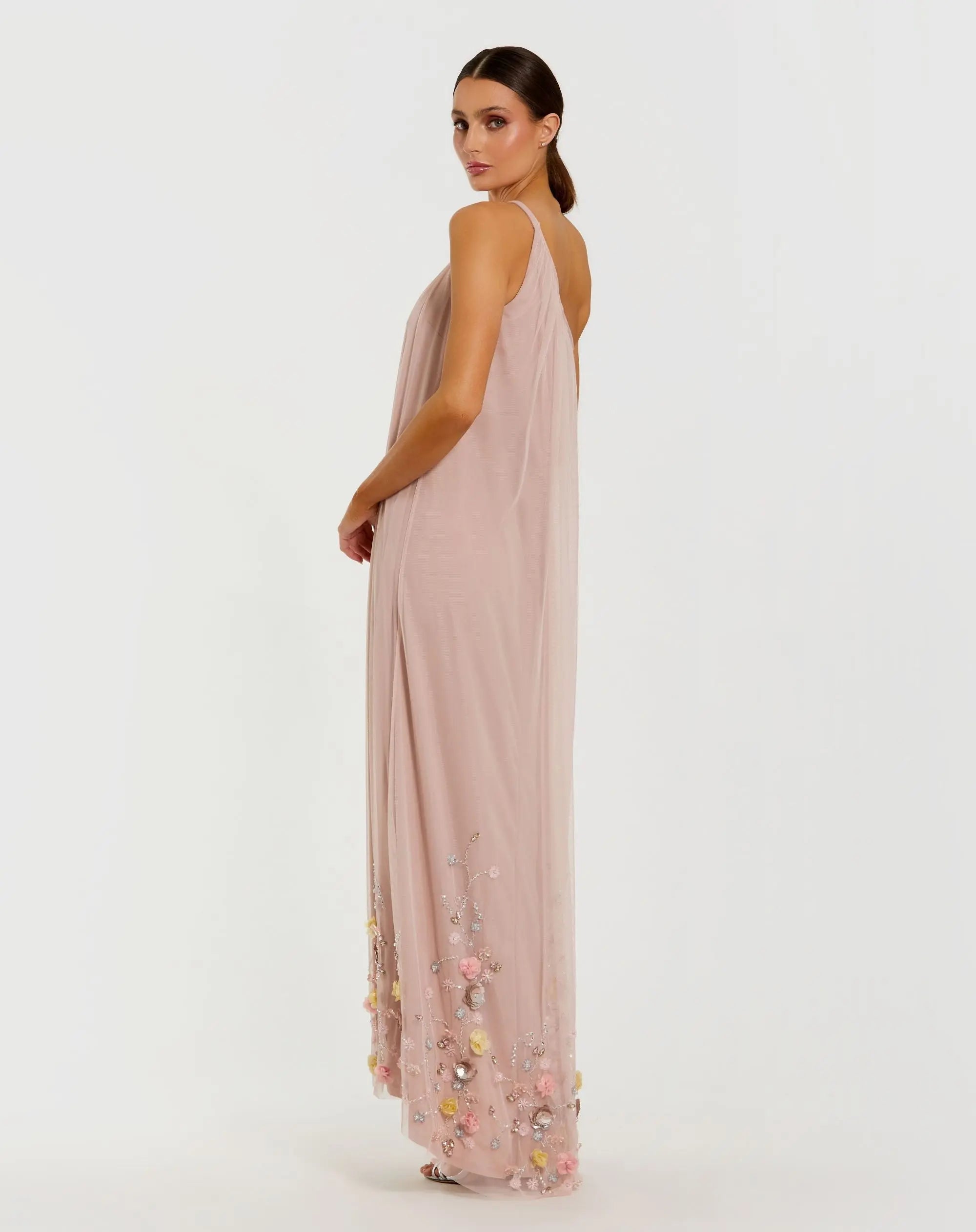 Pink One Shoulder High Low Embellished Trapeze Gown-Myartka