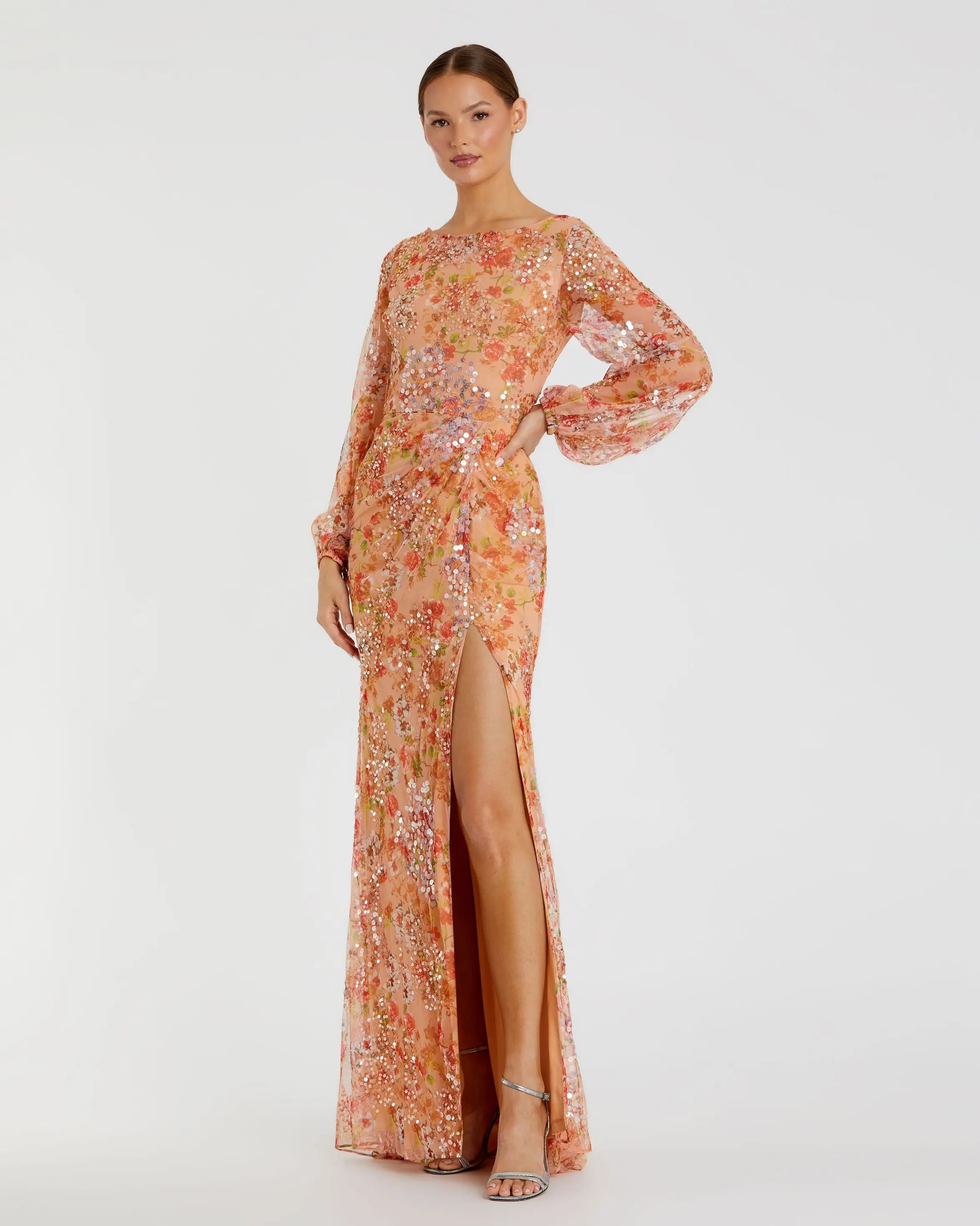 Orange Floral Print Sequined Puff Sleeve Gown - FINAL SALE-Myartka