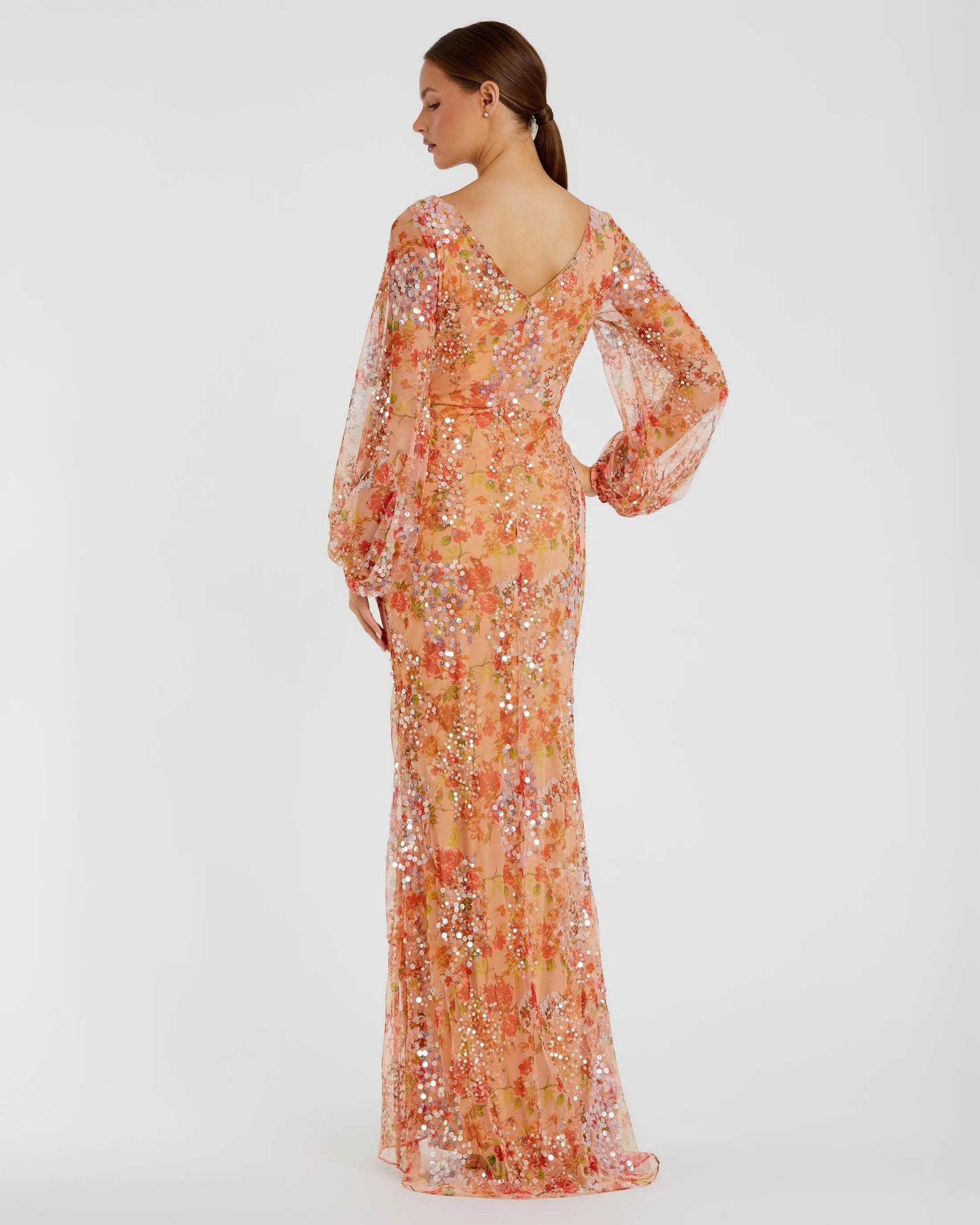 Orange Floral Print Sequined Puff Sleeve Gown - FINAL SALE-Myartka