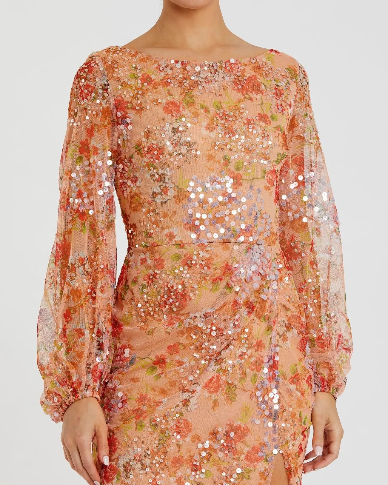 Orange Floral Print Sequined Puff Sleeve Gown - FINAL SALE-Myartka