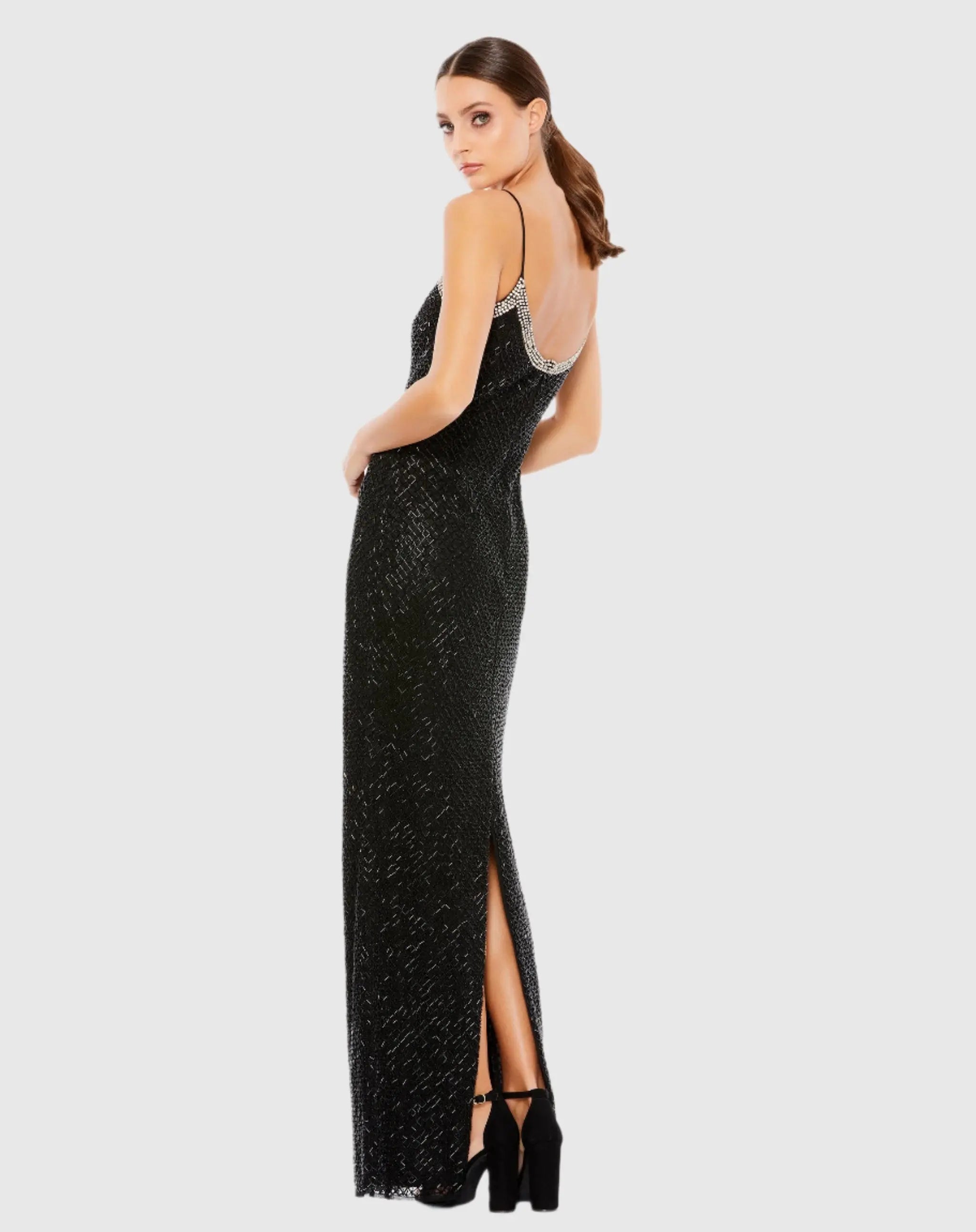 Black Beaded Spaghetti Strap Column Gown-Myartka