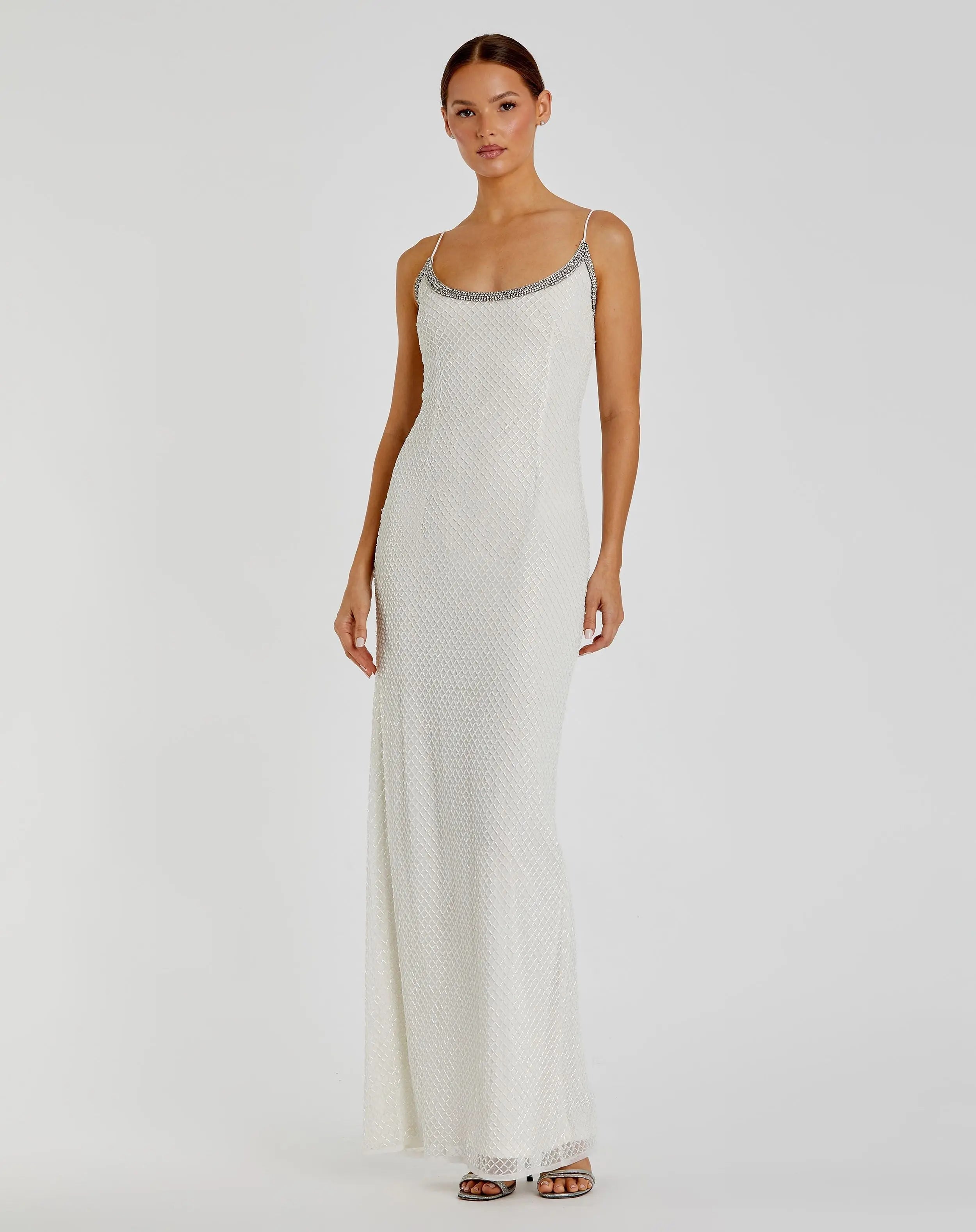 White Beaded Spaghetti Strap Column Gown-Myartka