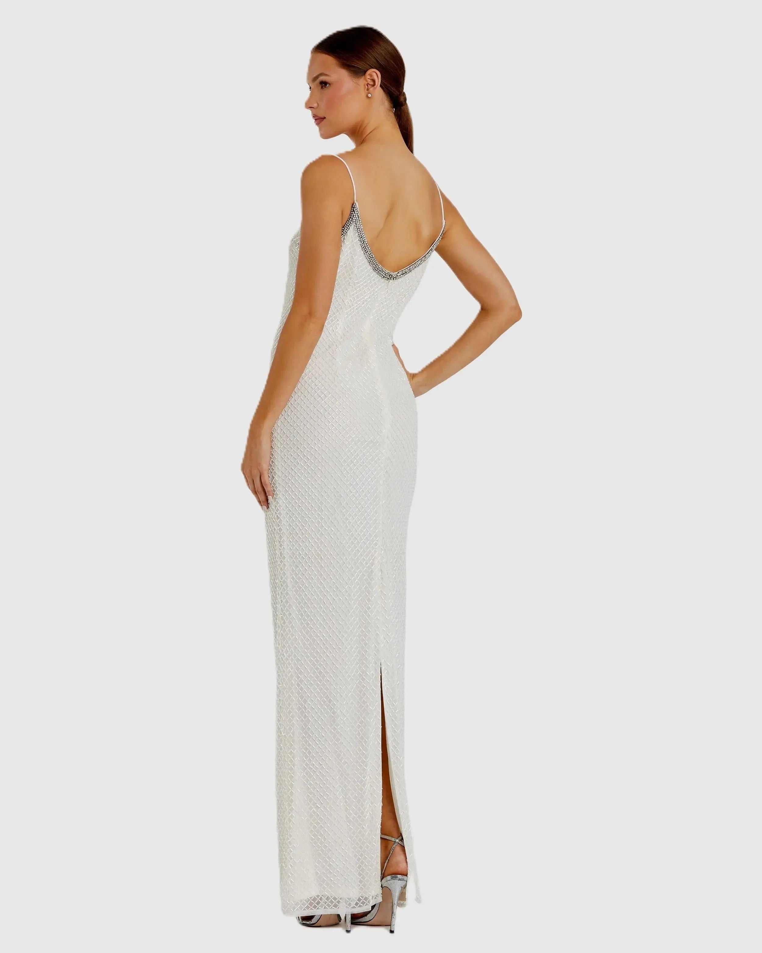 White Beaded Spaghetti Strap Column Gown-Myartka