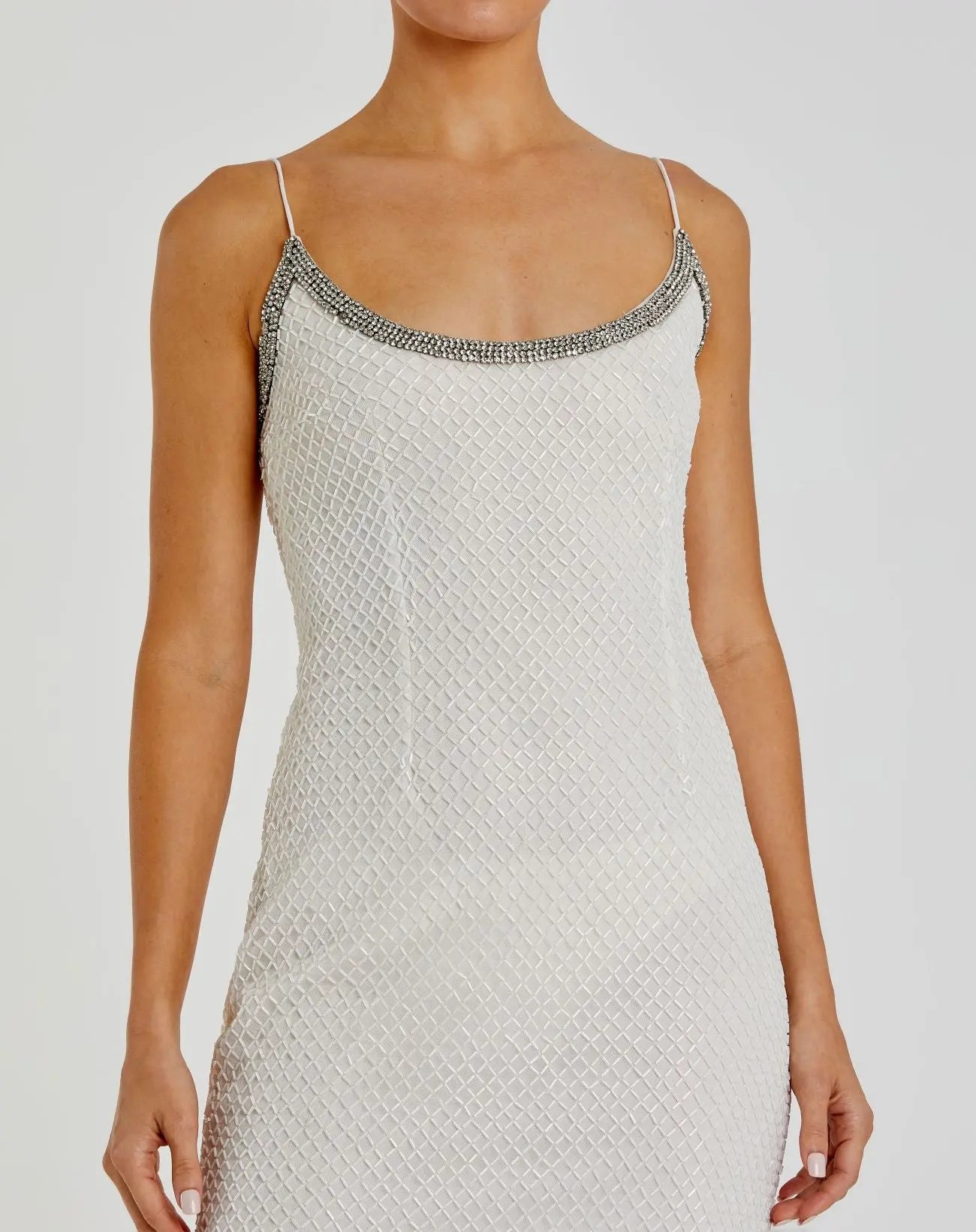 White Beaded Spaghetti Strap Column Gown-Myartka