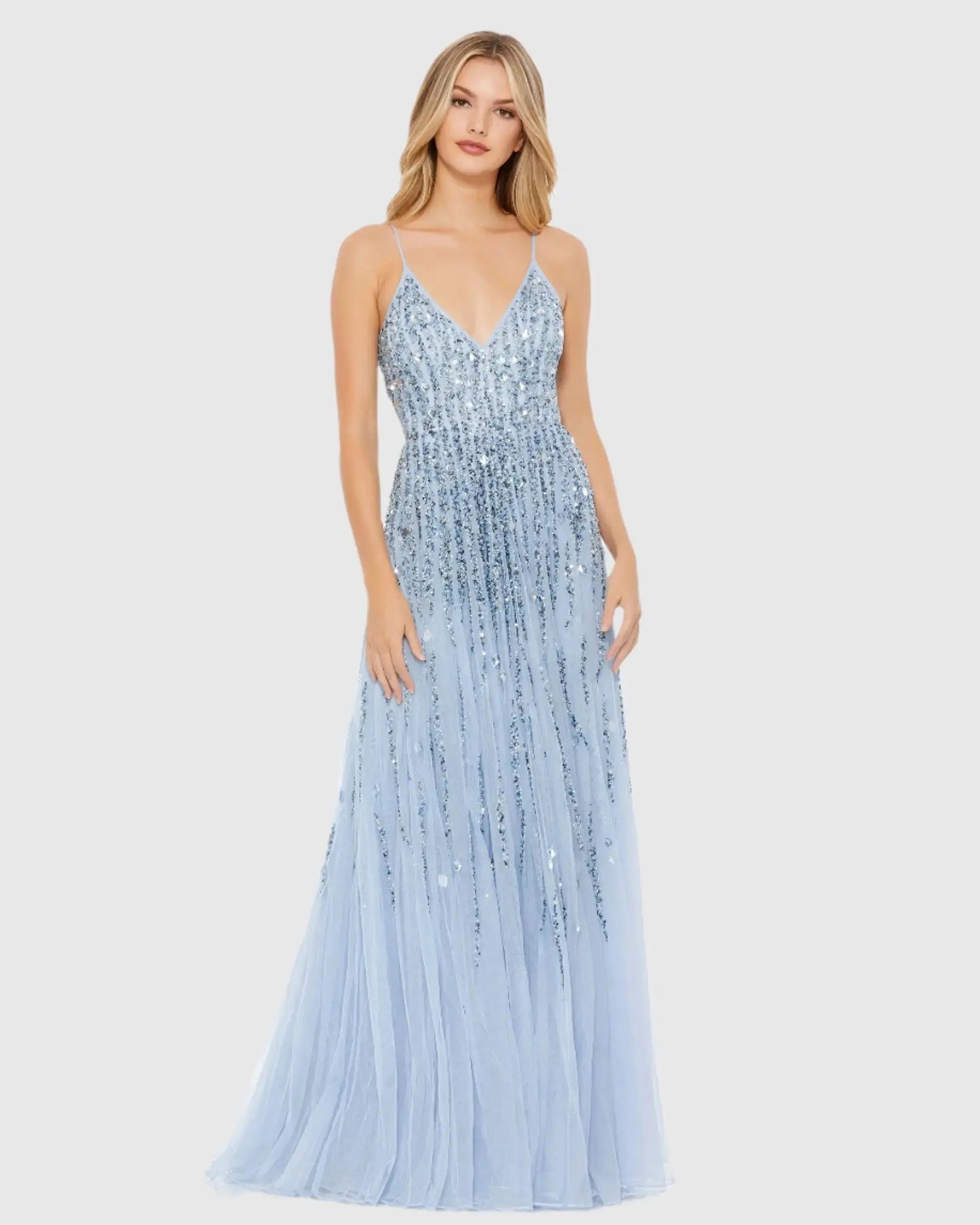 Embellished V Neck Sleeveless A Line Gown-Myartka