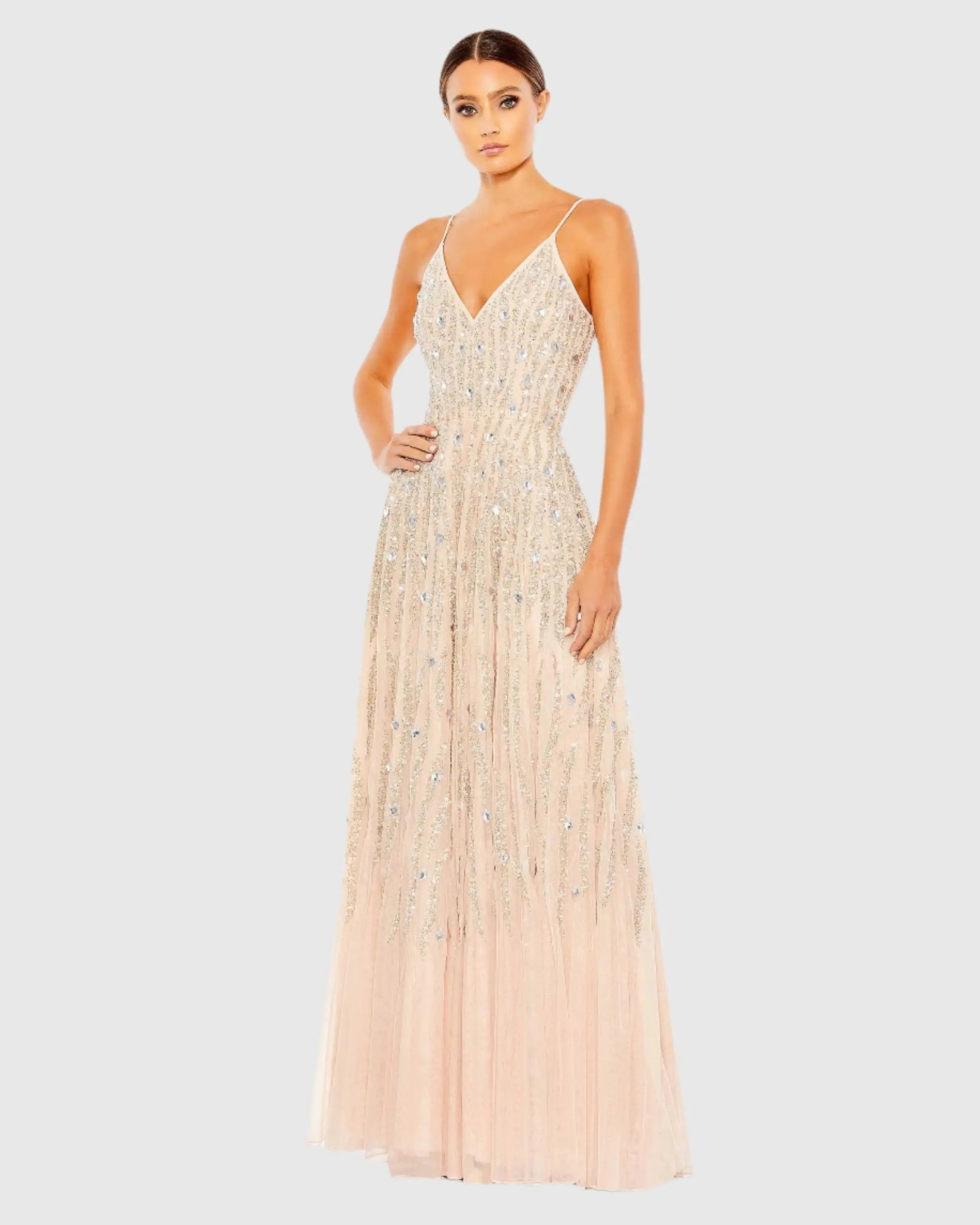 Embellished V Neck Sleeveless A Line Gown-Myartka