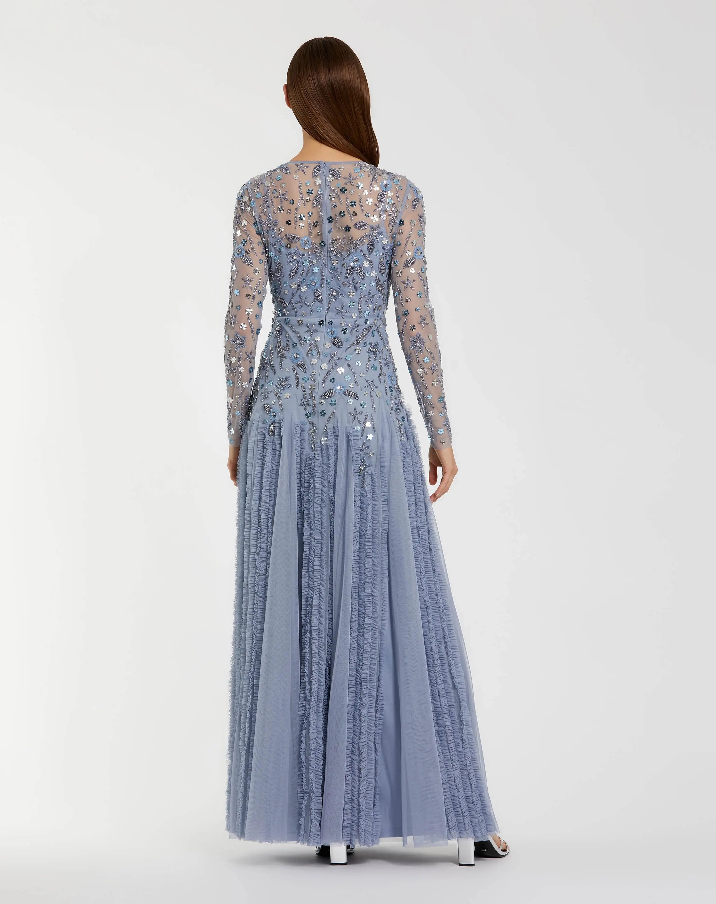 Blue Embellished Long Sleeve Drop Waist Gown-Myartka
