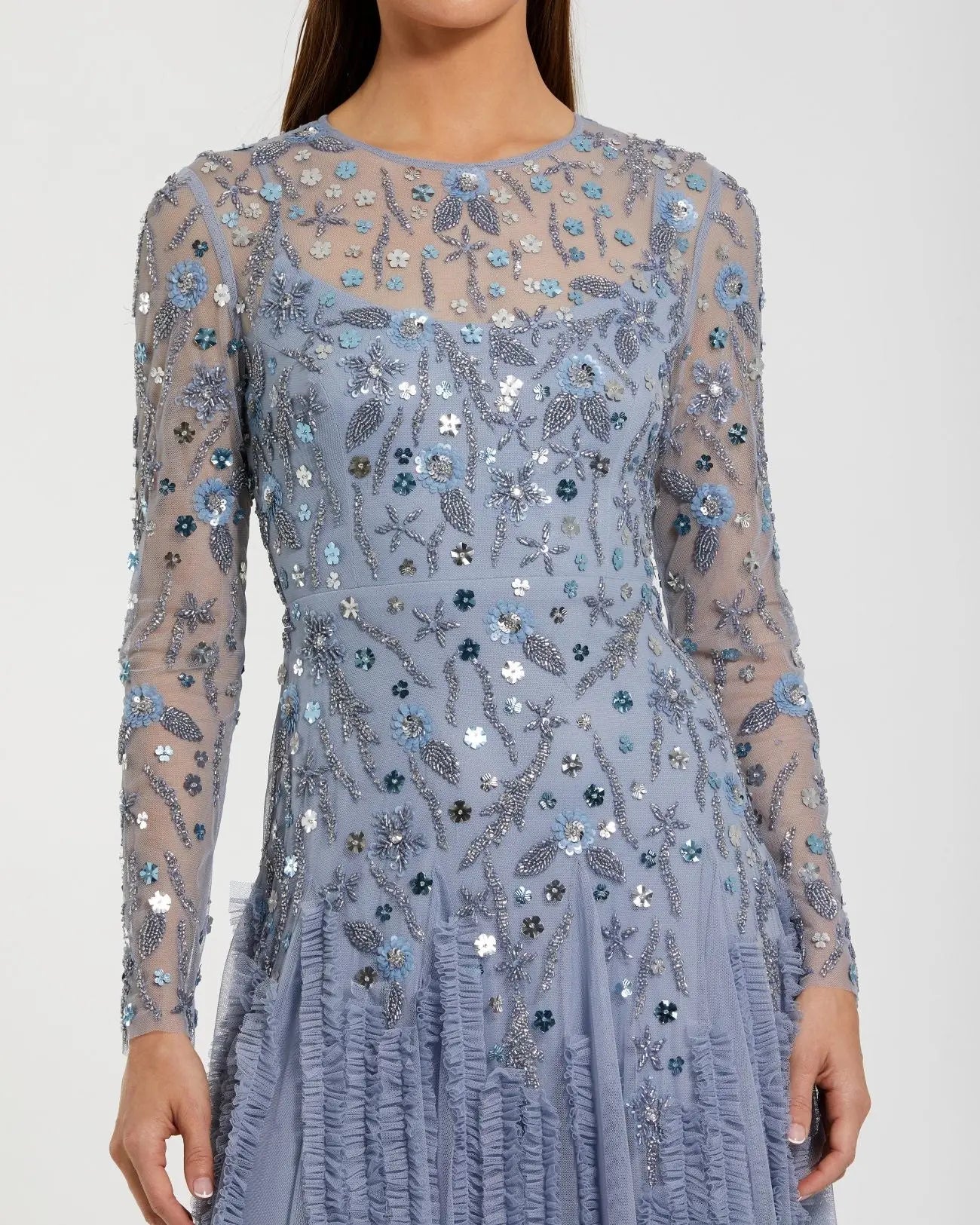 Blue Embellished Long Sleeve Drop Waist Gown-Myartka