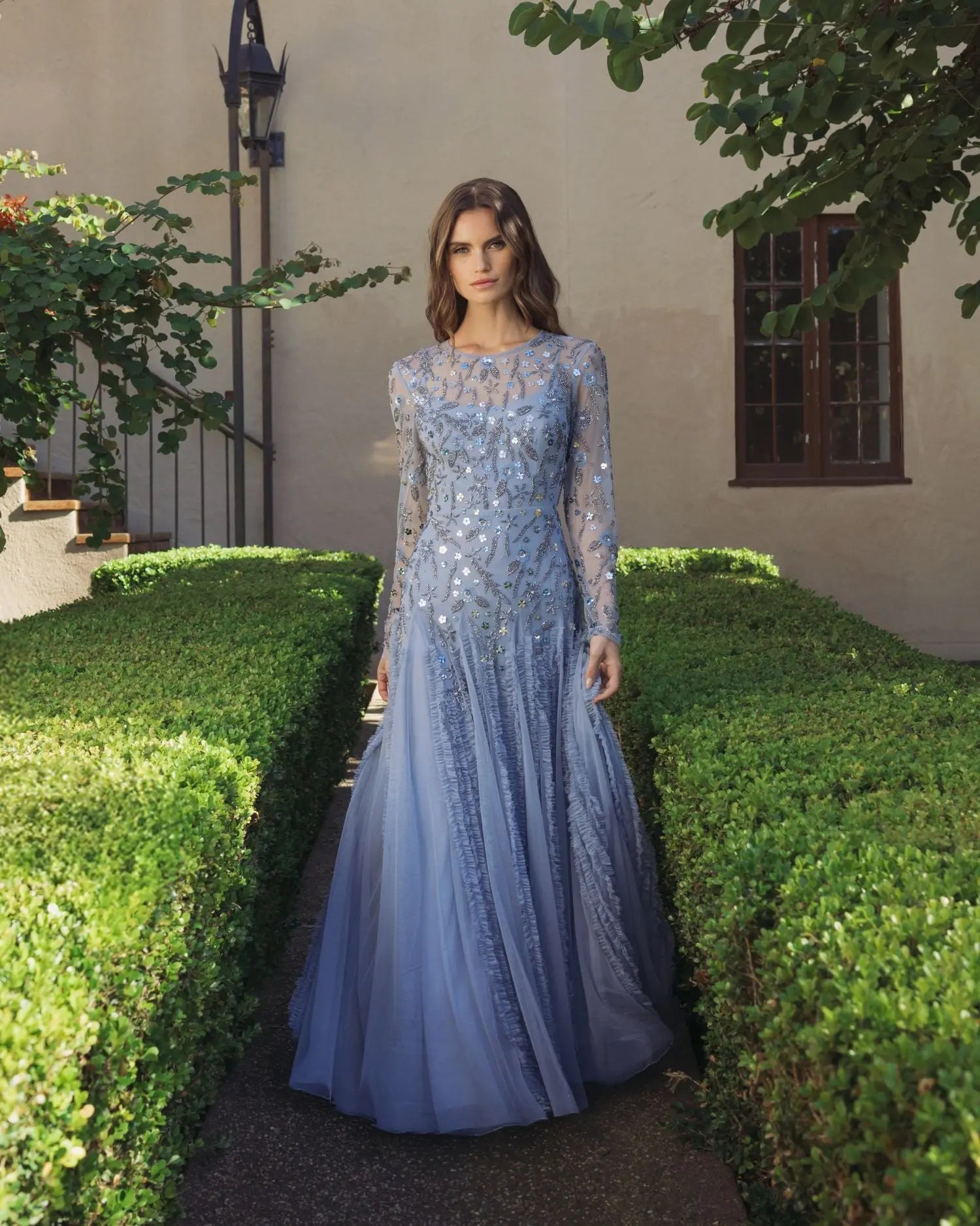 Blue Embellished Long Sleeve Drop Waist Gown-Myartka