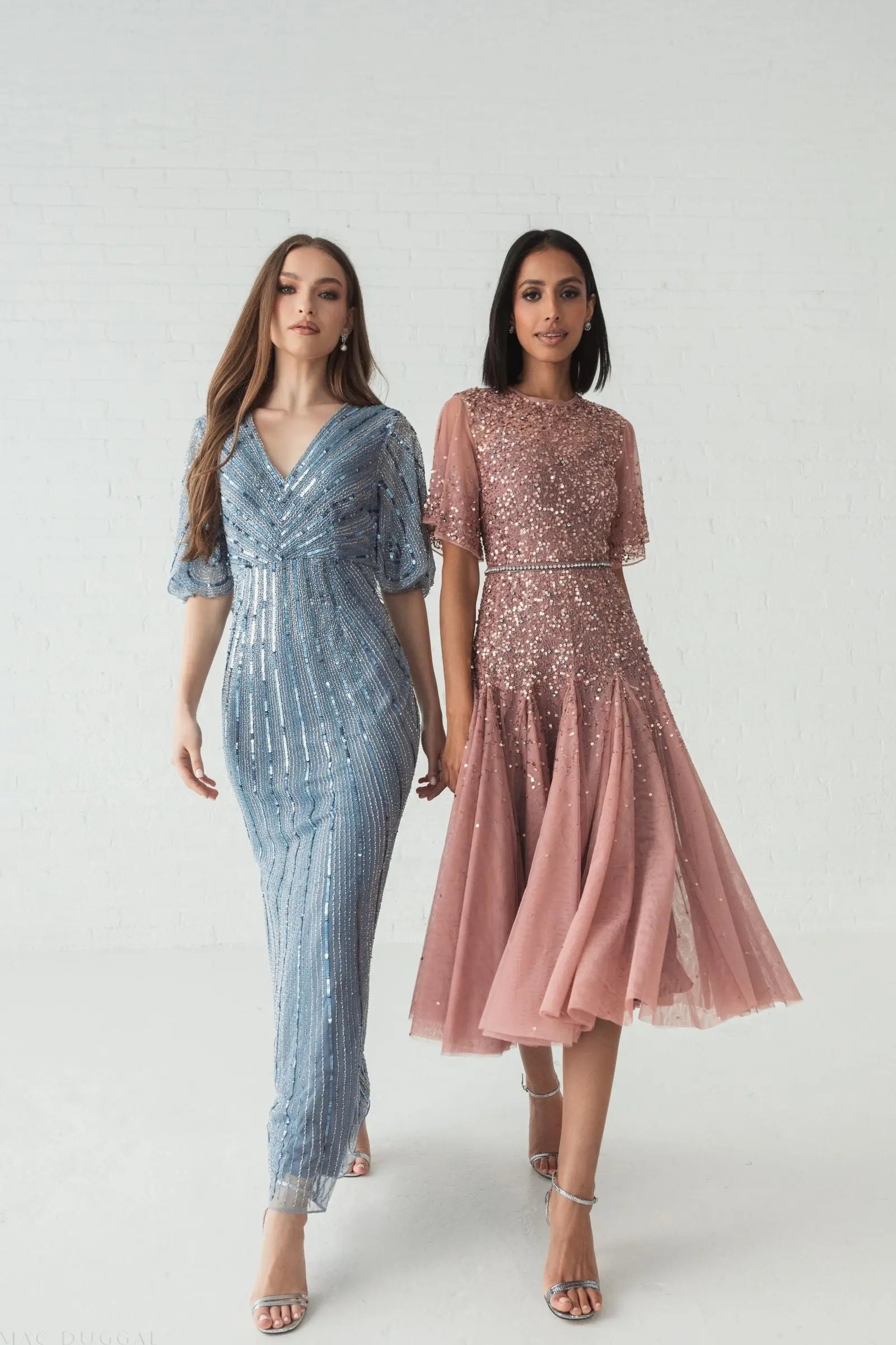 Blue Sequined V Neck Cape Sleeve Gown - FINAL SALE-Myartka