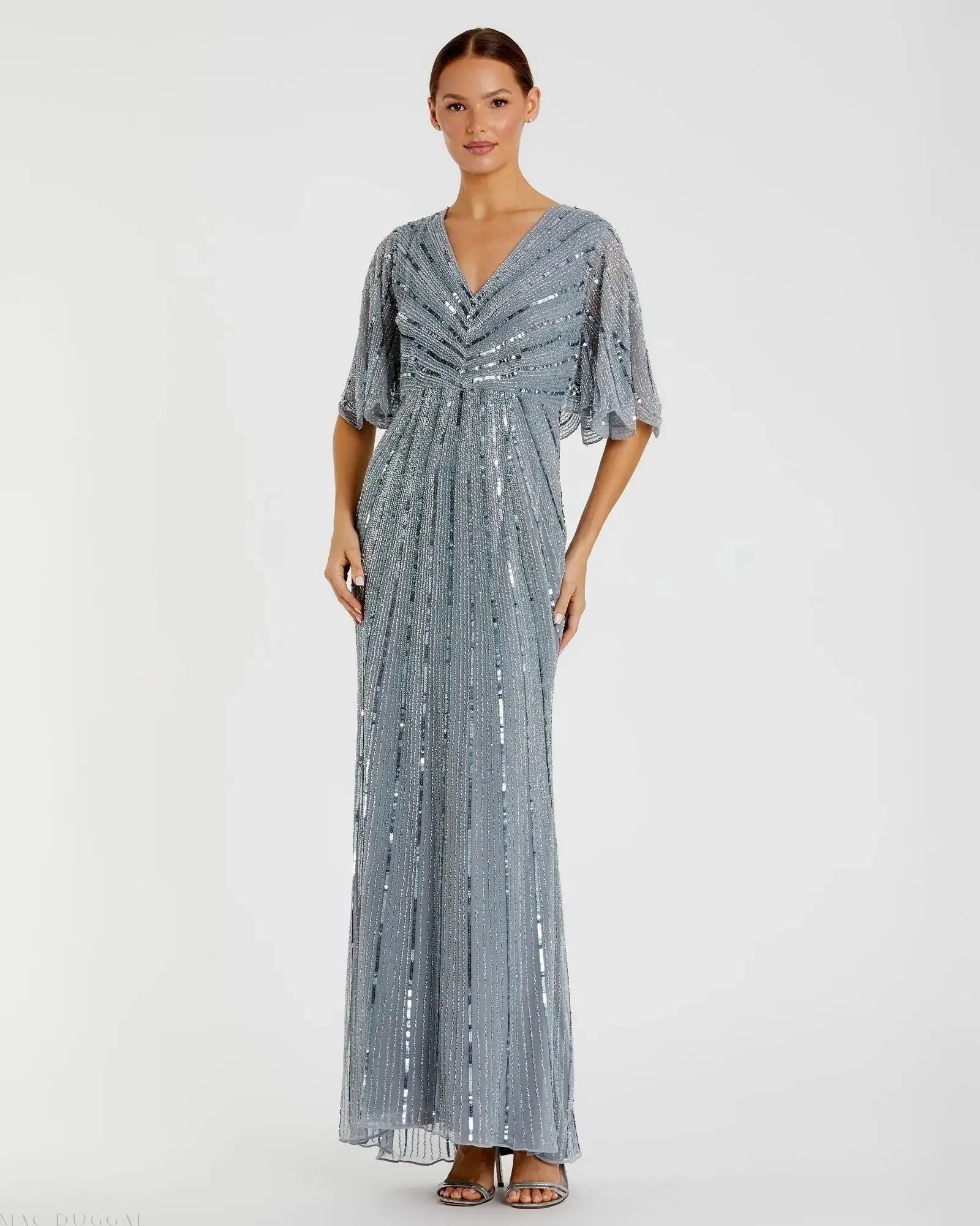 Blue Sequined V Neck Cape Sleeve Gown - FINAL SALE-Myartka