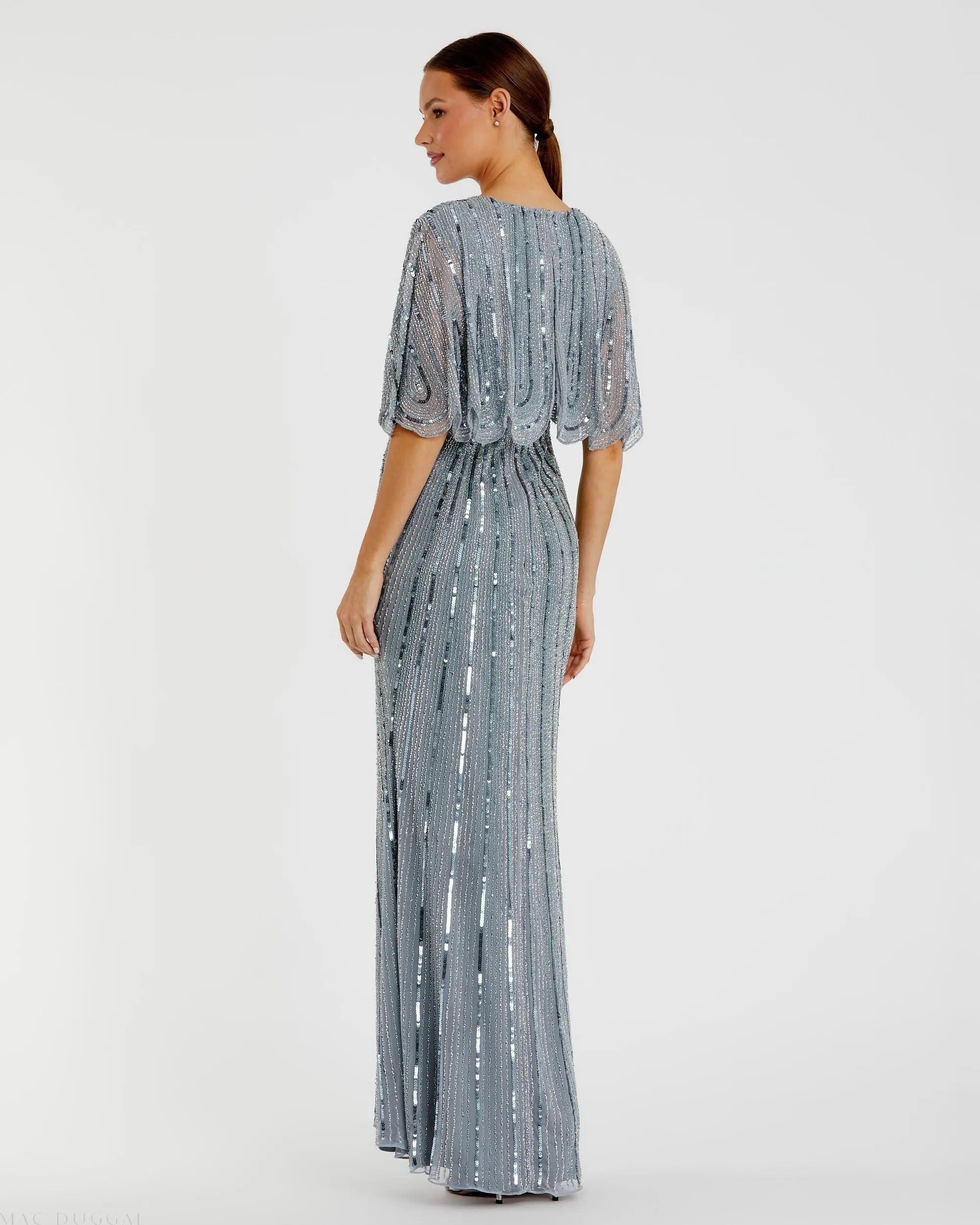 Blue Sequined V Neck Cape Sleeve Gown - FINAL SALE-Myartka