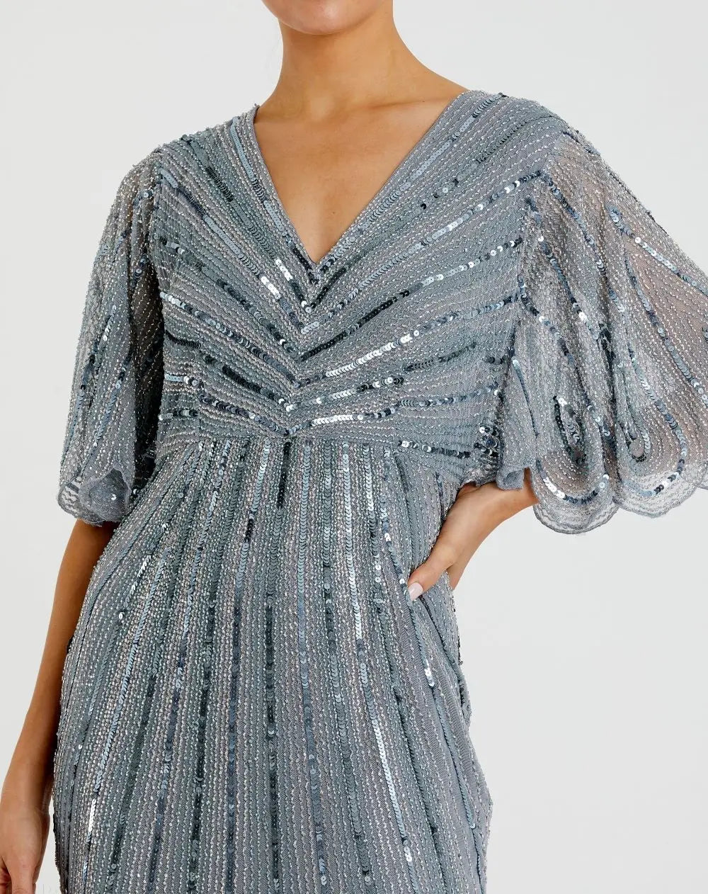 Blue Sequined V Neck Cape Sleeve Gown - FINAL SALE-Myartka