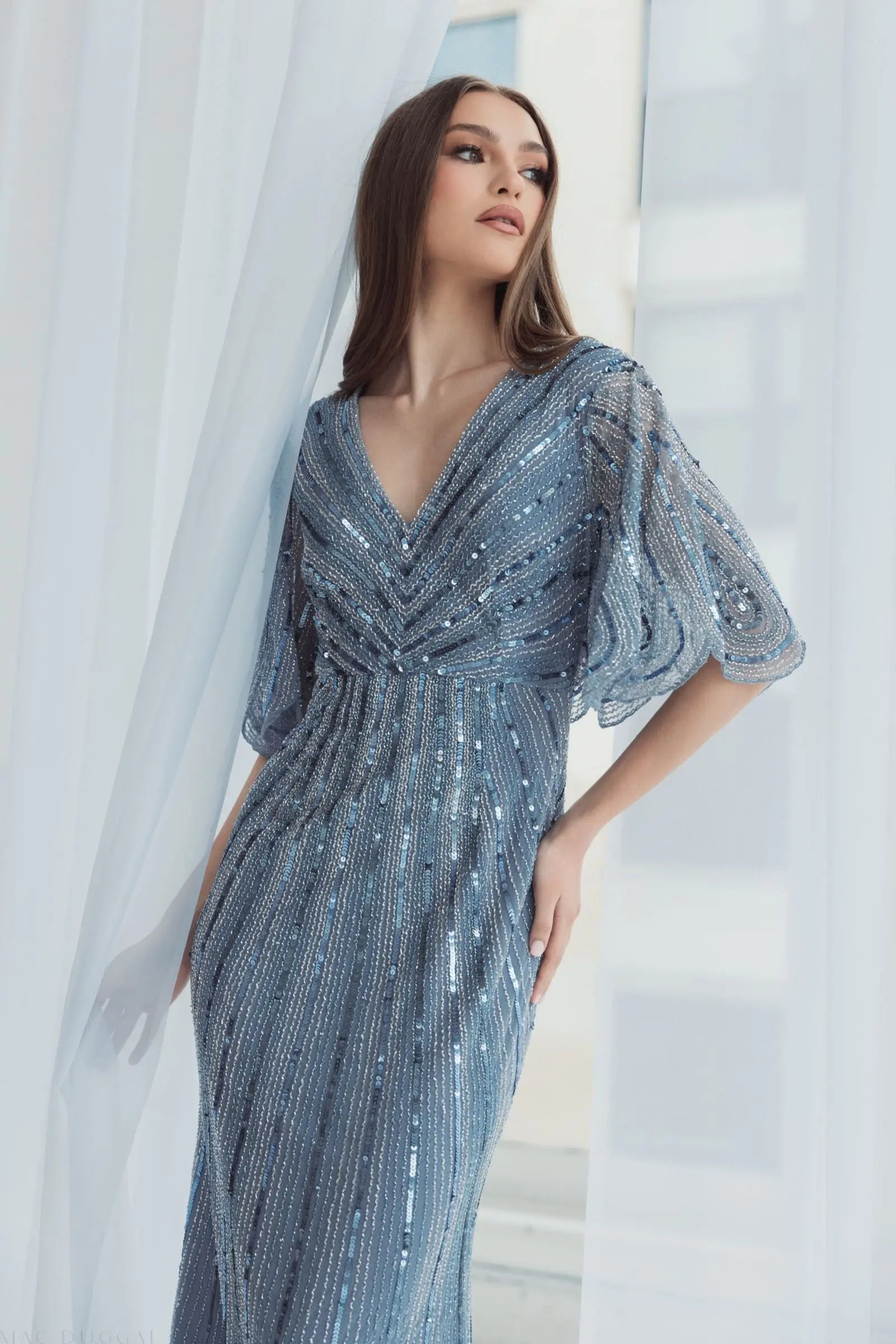 Blue Sequined V Neck Cape Sleeve Gown - FINAL SALE-Myartka