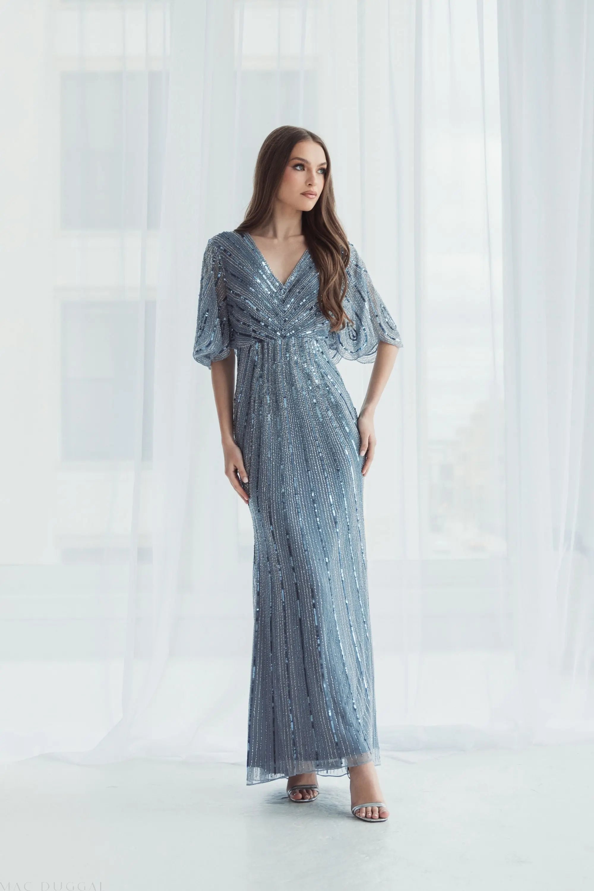 Blue Sequined V Neck Cape Sleeve Gown - FINAL SALE-Myartka