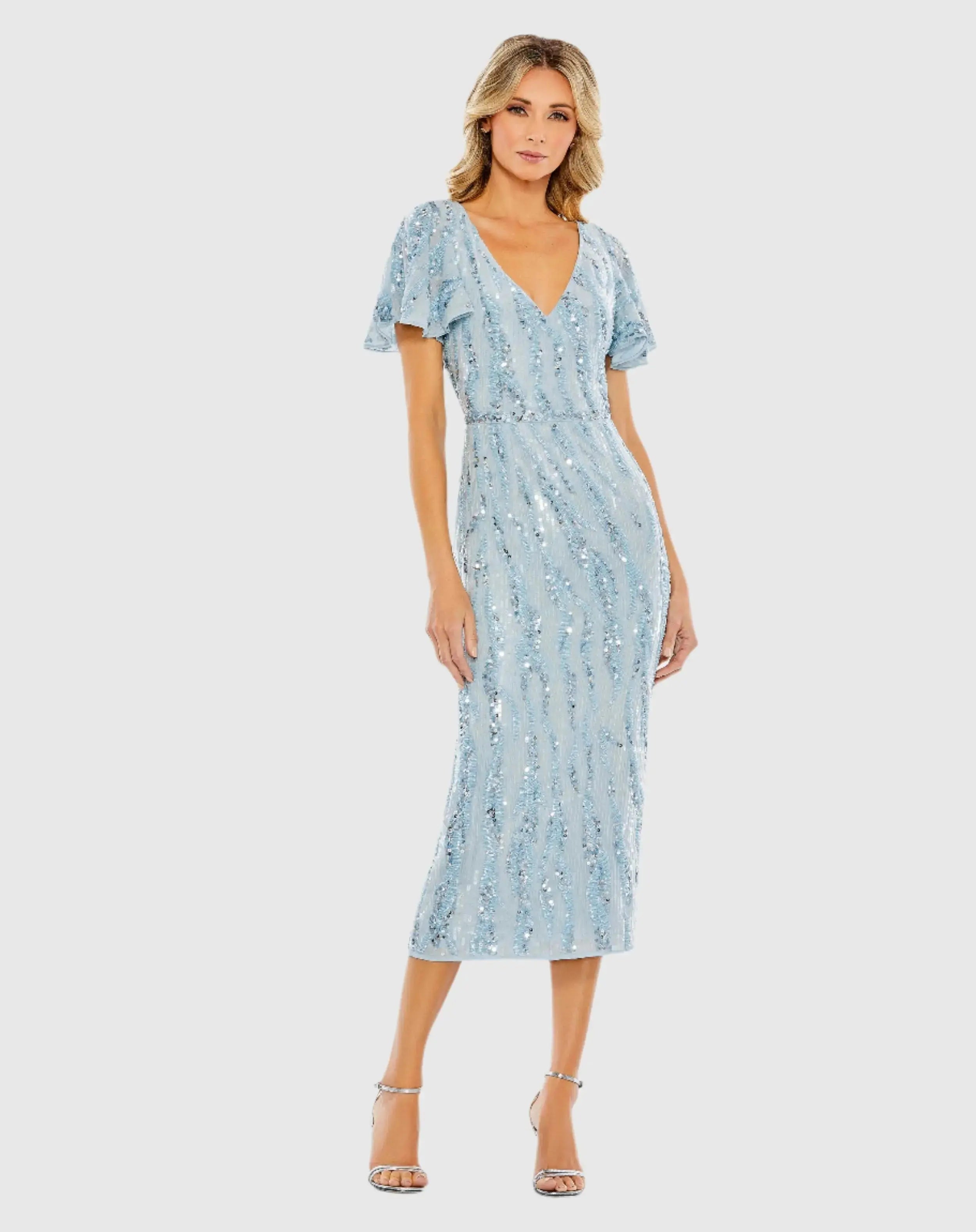 Sequined V Neck Flutter Sleeve Tea Length Dress-Myartka