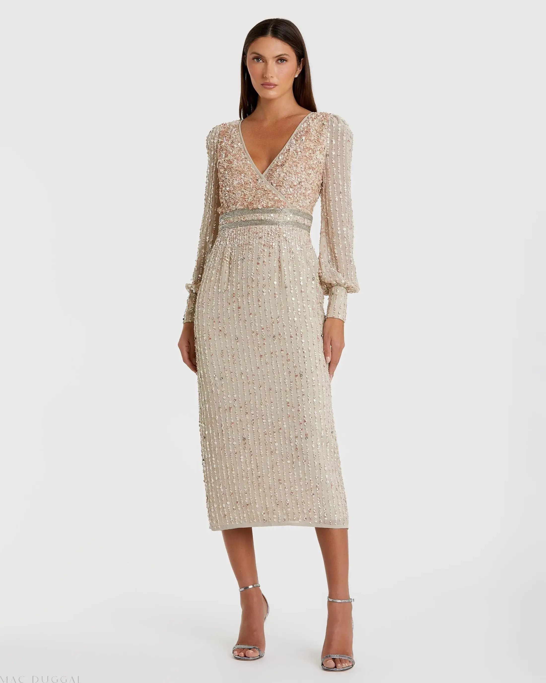 Beige Sequined V Neck Bishop Sleeve Dress-Myartka