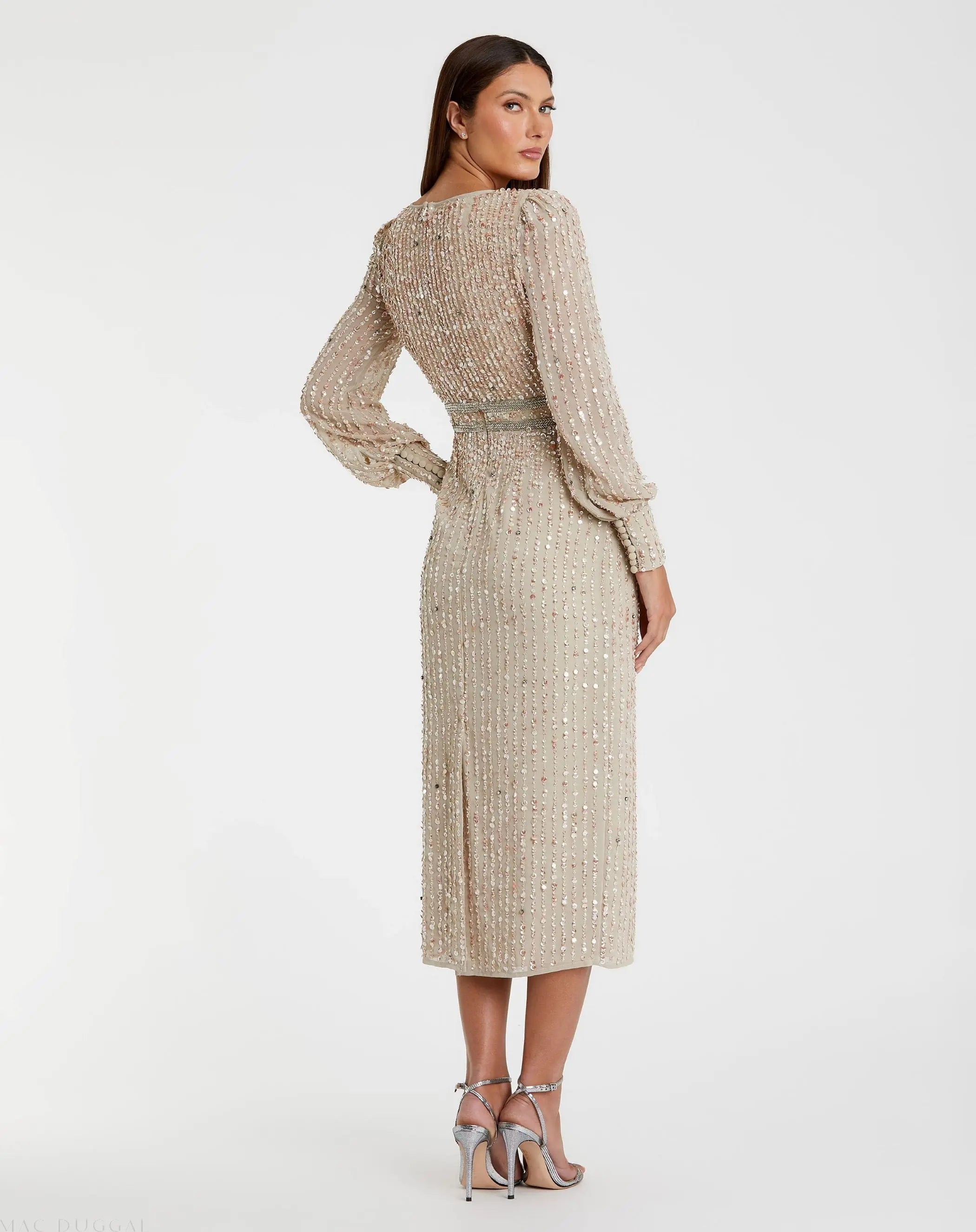 Beige Sequined V Neck Bishop Sleeve Dress-Myartka