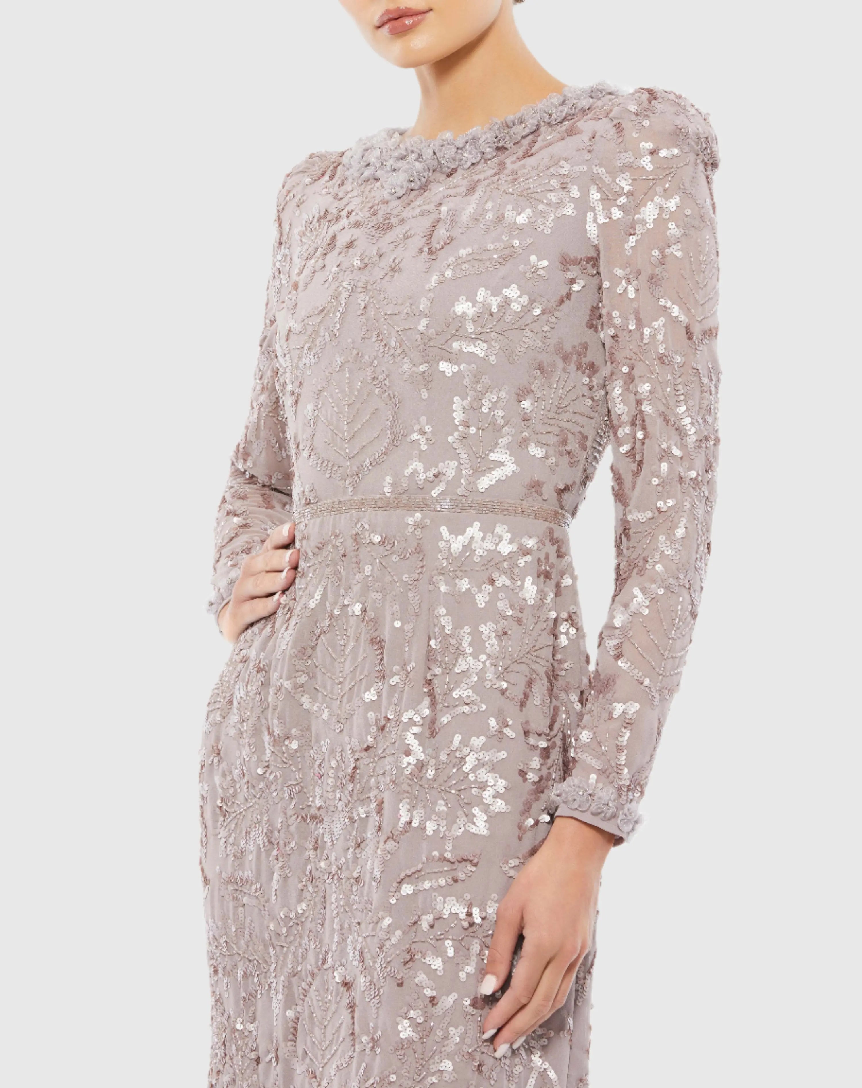 Light Purple Embellished High Neck Puff Sleeve Midi Sheath Dress-Myartka