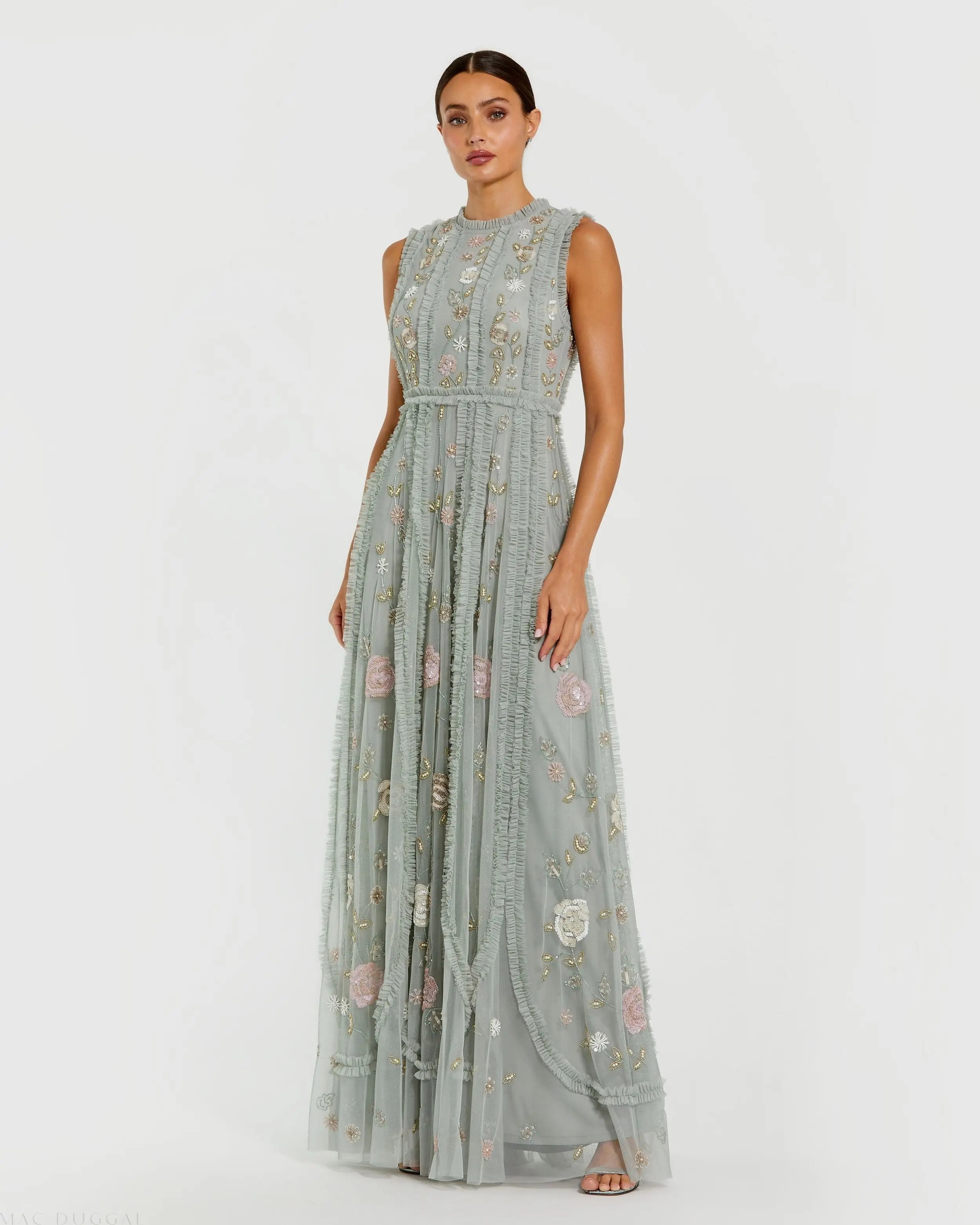 Green Floral Mesh Sleeveless A Line Micro Ruffle Gown-Myartka