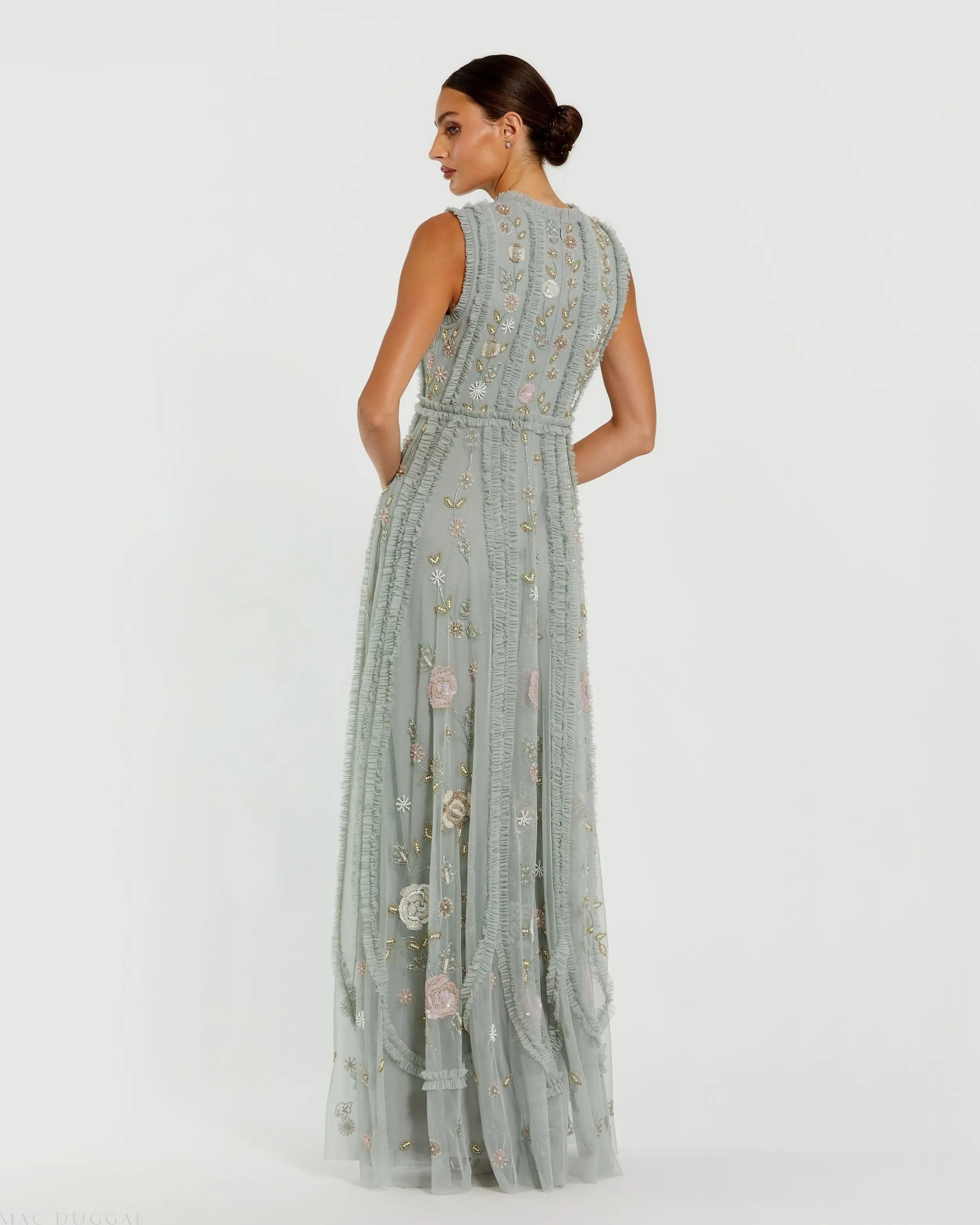 Green Floral Mesh Sleeveless A Line Micro Ruffle Gown-Myartka