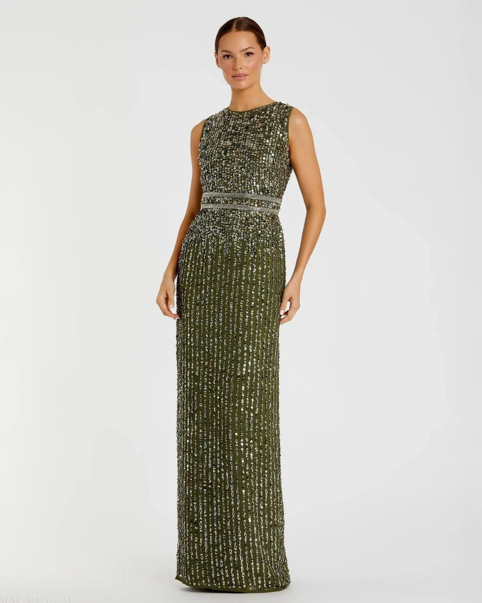 Green Sequined High Neck Sleeveless Column Gown-Myartka
