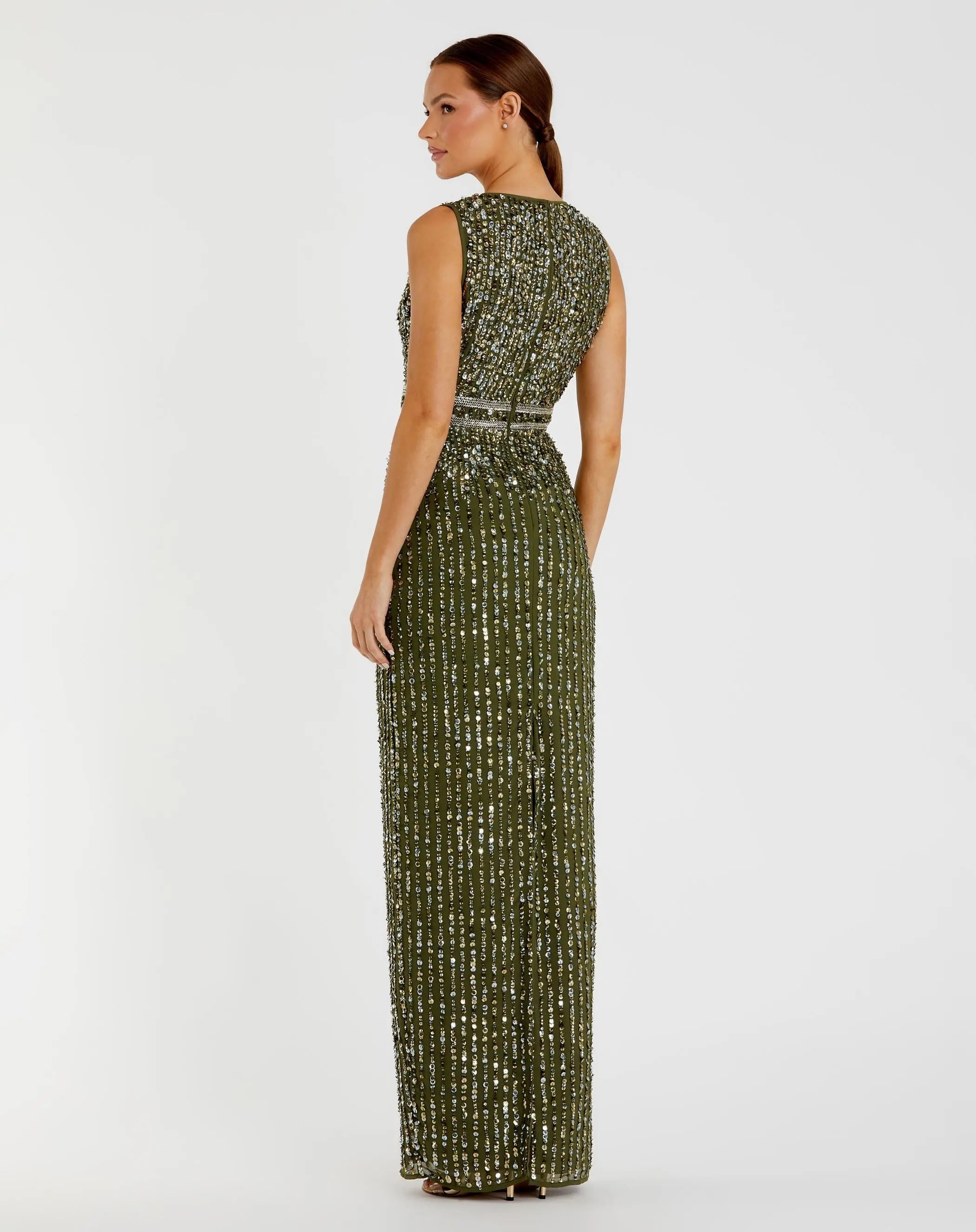 Green Sequined High Neck Sleeveless Column Gown-Myartka