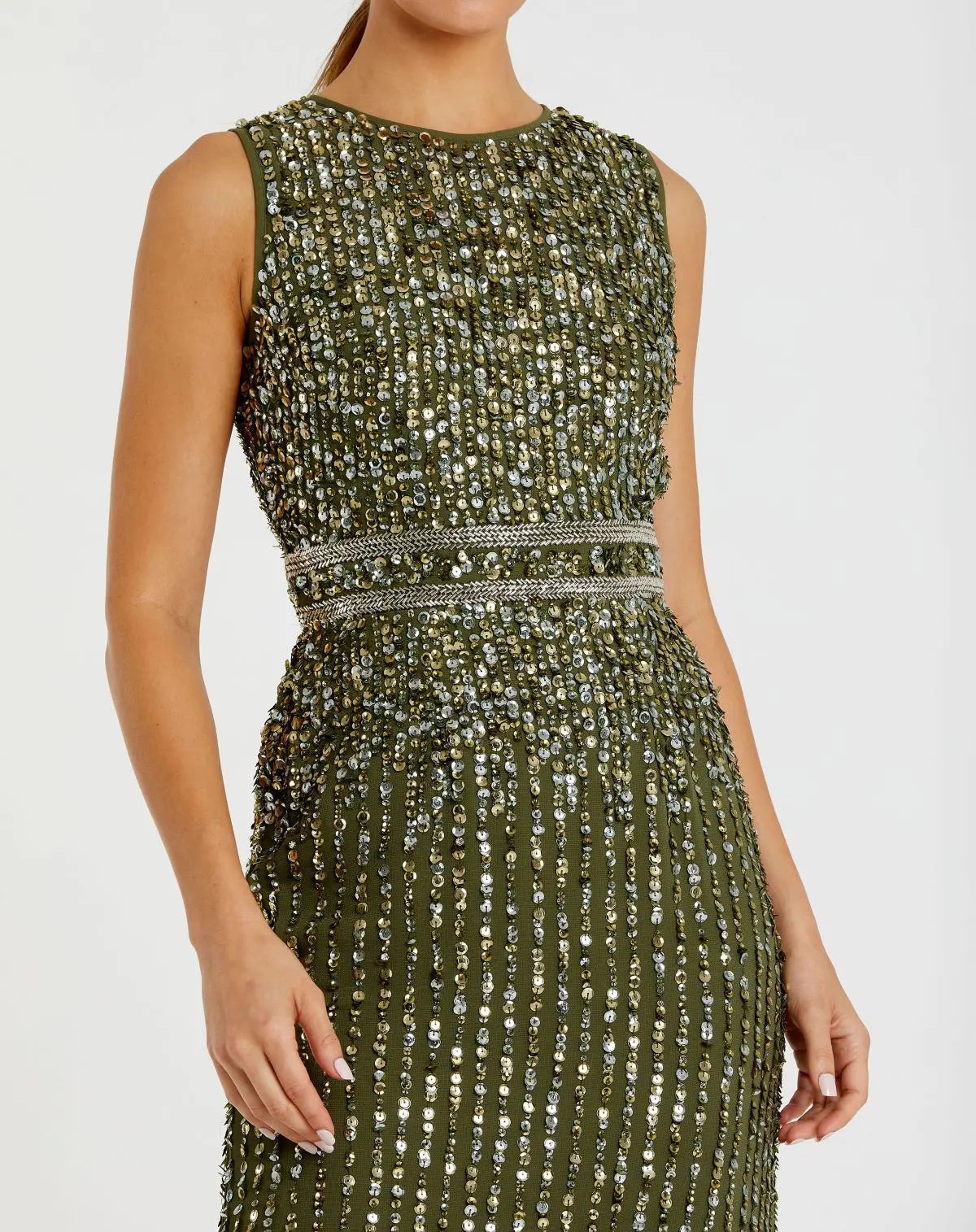 Green Sequined High Neck Sleeveless Column Gown-Myartka