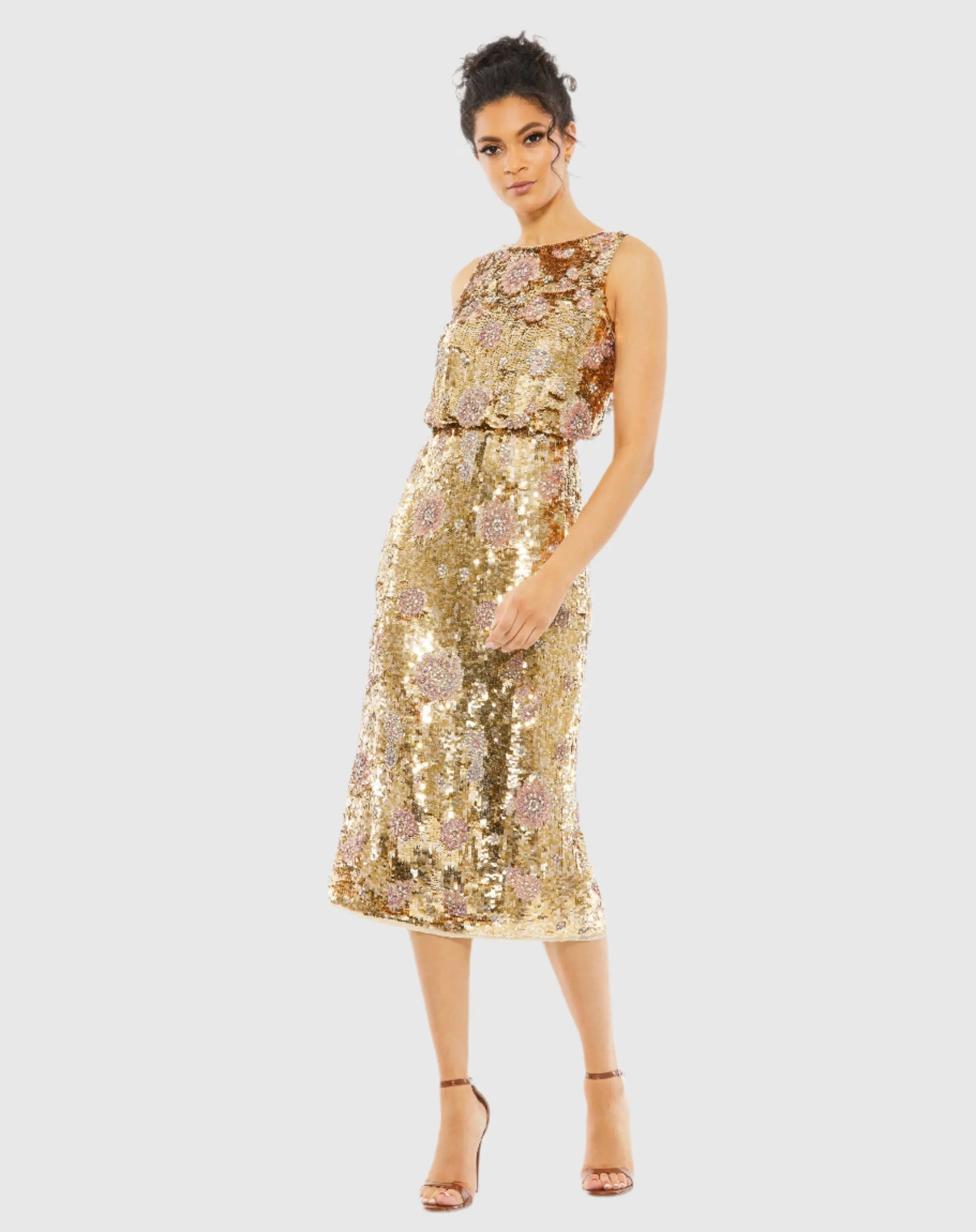 Gold Hand Beaded High Neck Midi Dress - FINAL SALE-Myartka