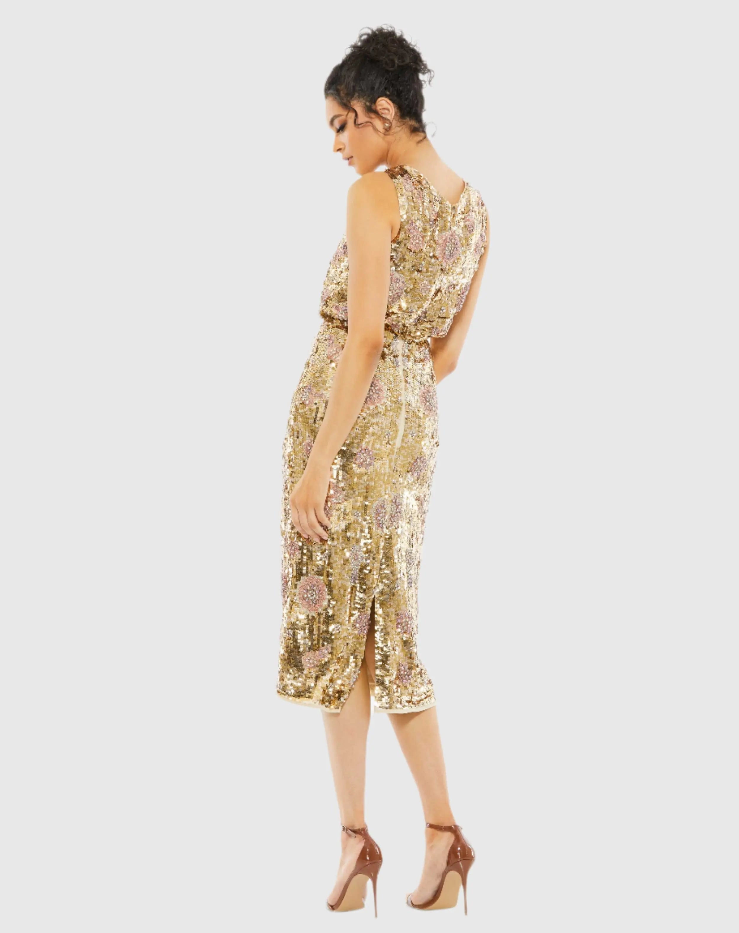 Gold Hand Beaded High Neck Midi Dress - FINAL SALE-Myartka