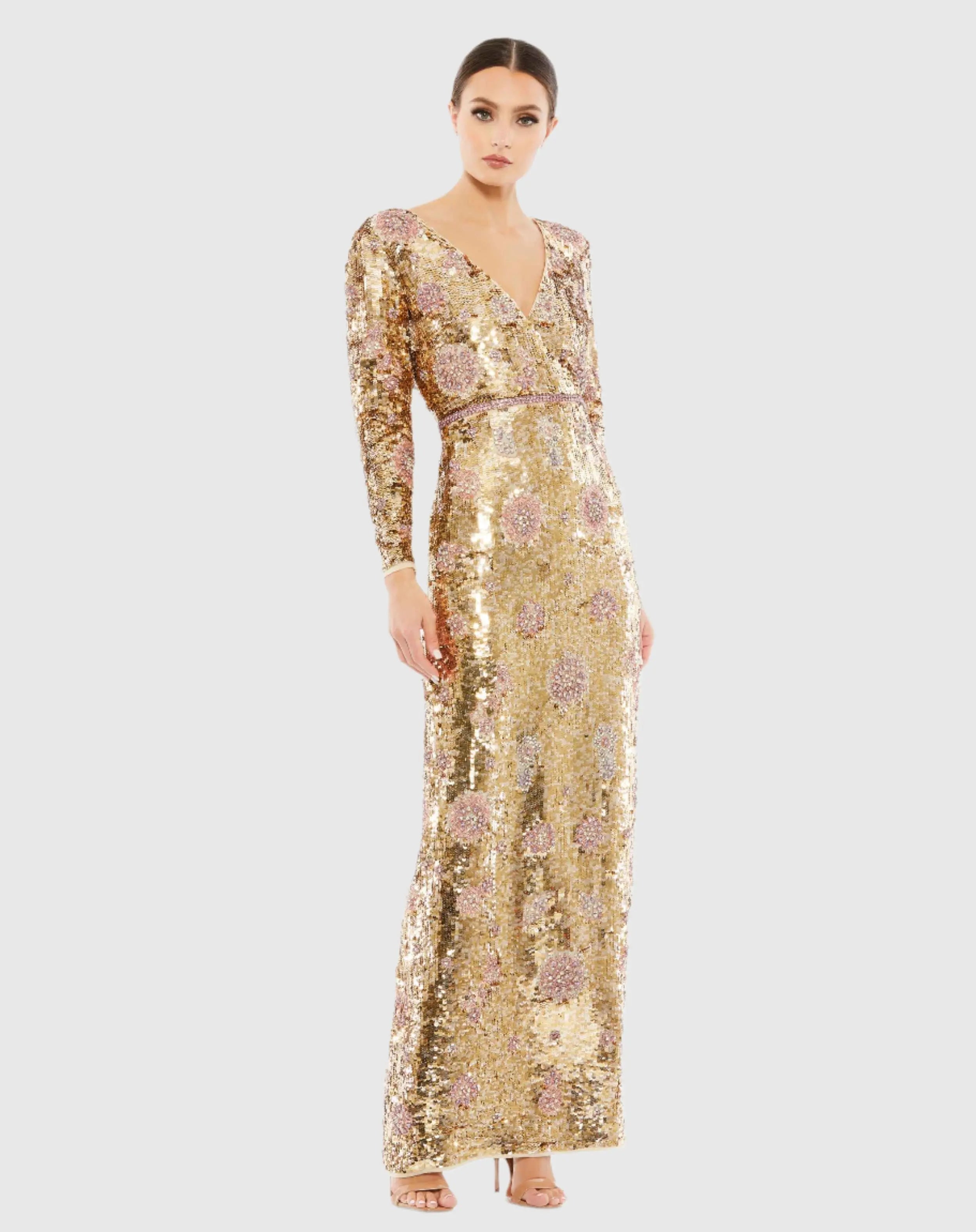 Gold Embellished Wrap Over Long Sleeve Column Gown-Myartka
