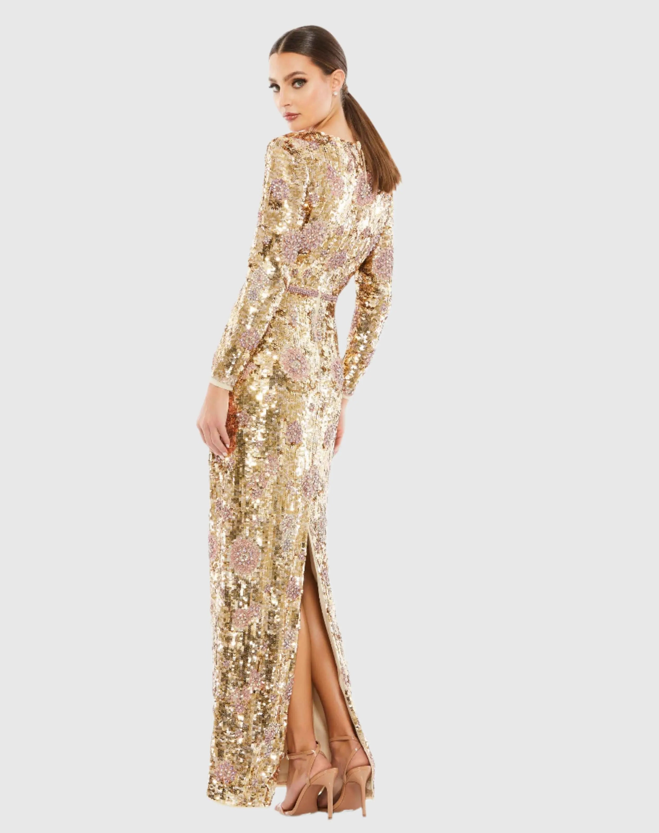 Gold Embellished Wrap Over Long Sleeve Column Gown-Myartka