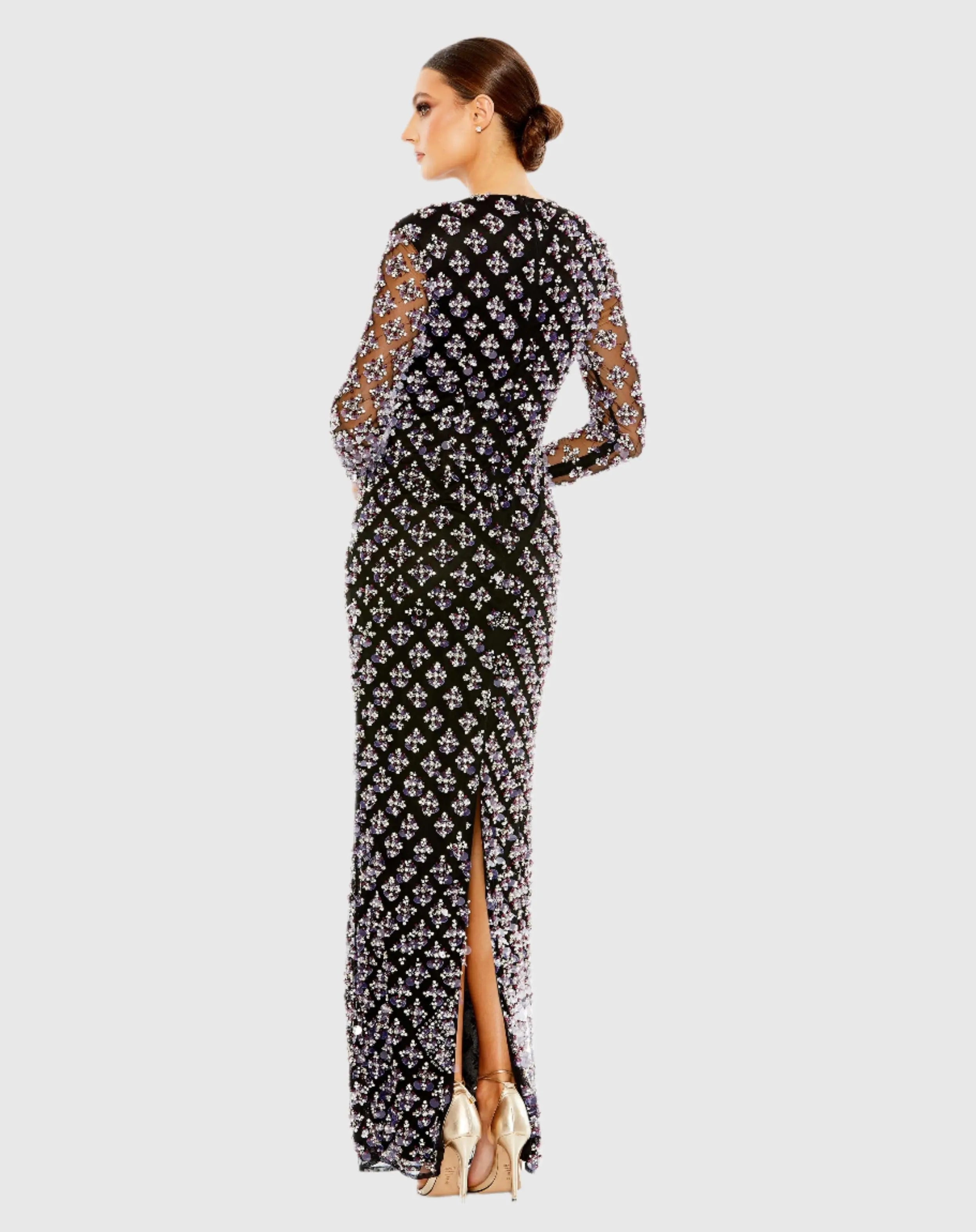 Black Long Sleeve Hand Beaded Crystal Rhinestone Gown - FINAL SALE-Myartka