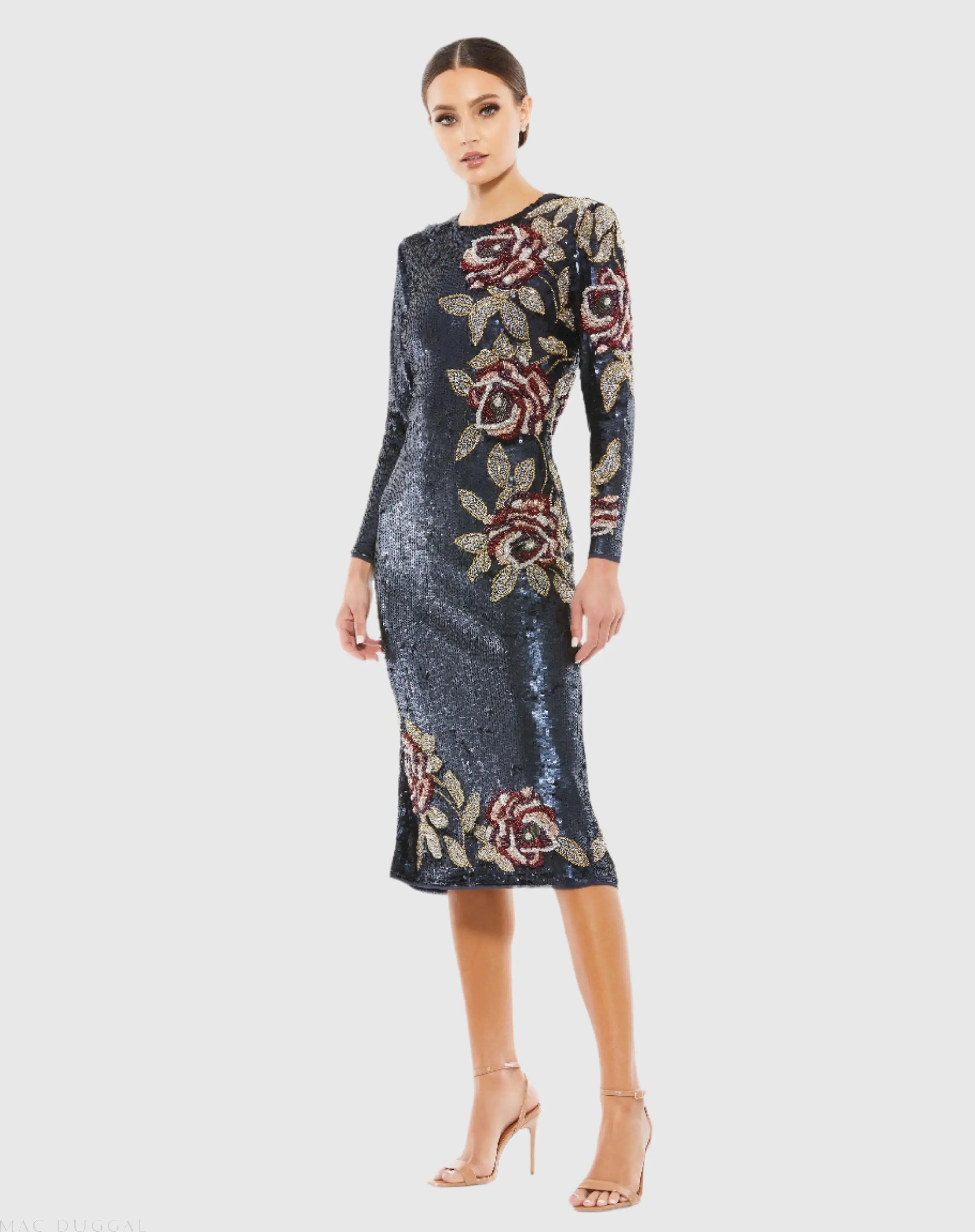 Sequined Asymmetrical Floral Long Sleeve Midi Dress-Myartka