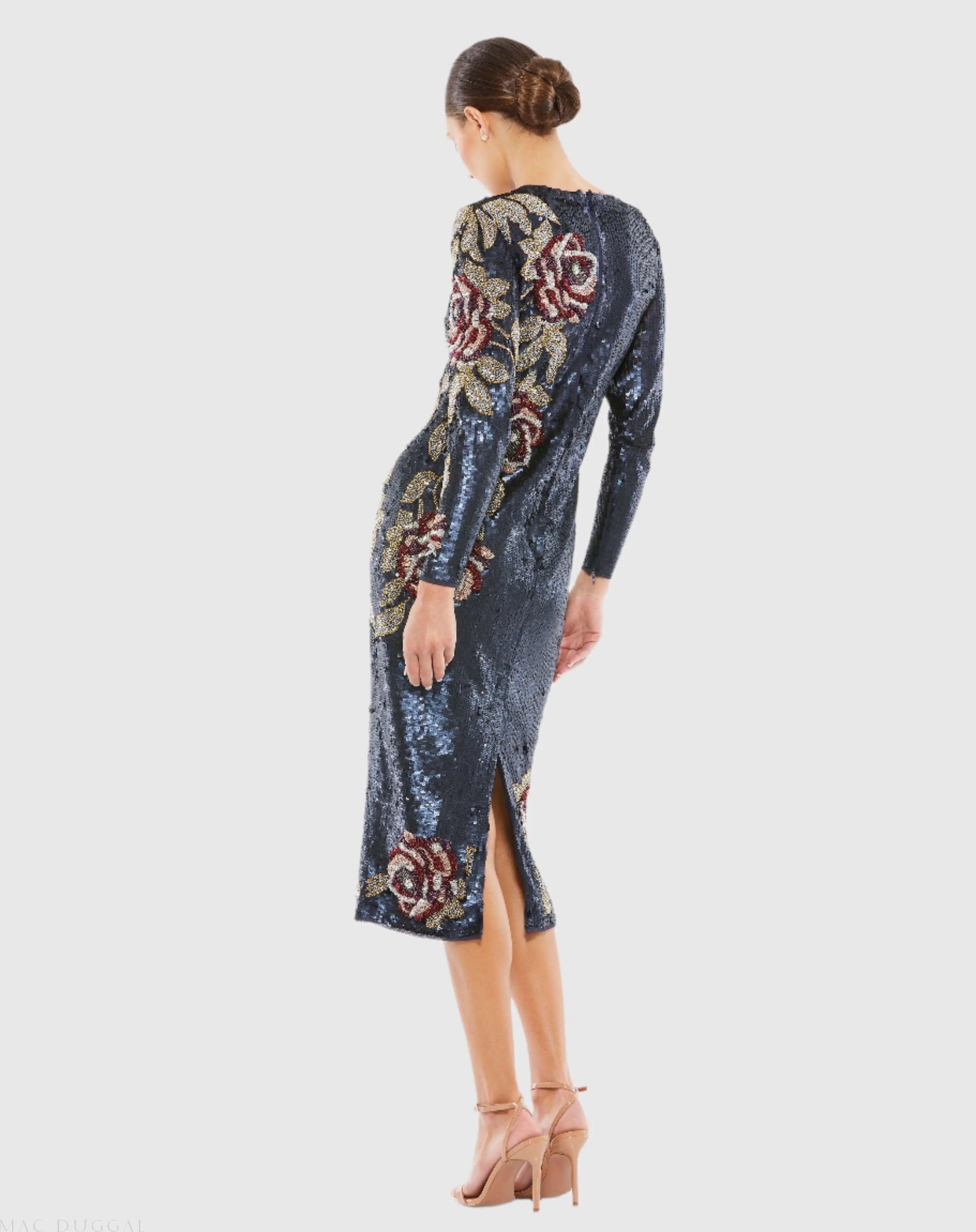 Navy Sequined Asymmetrical Floral Long Sleeve Midi Dress-Myartka