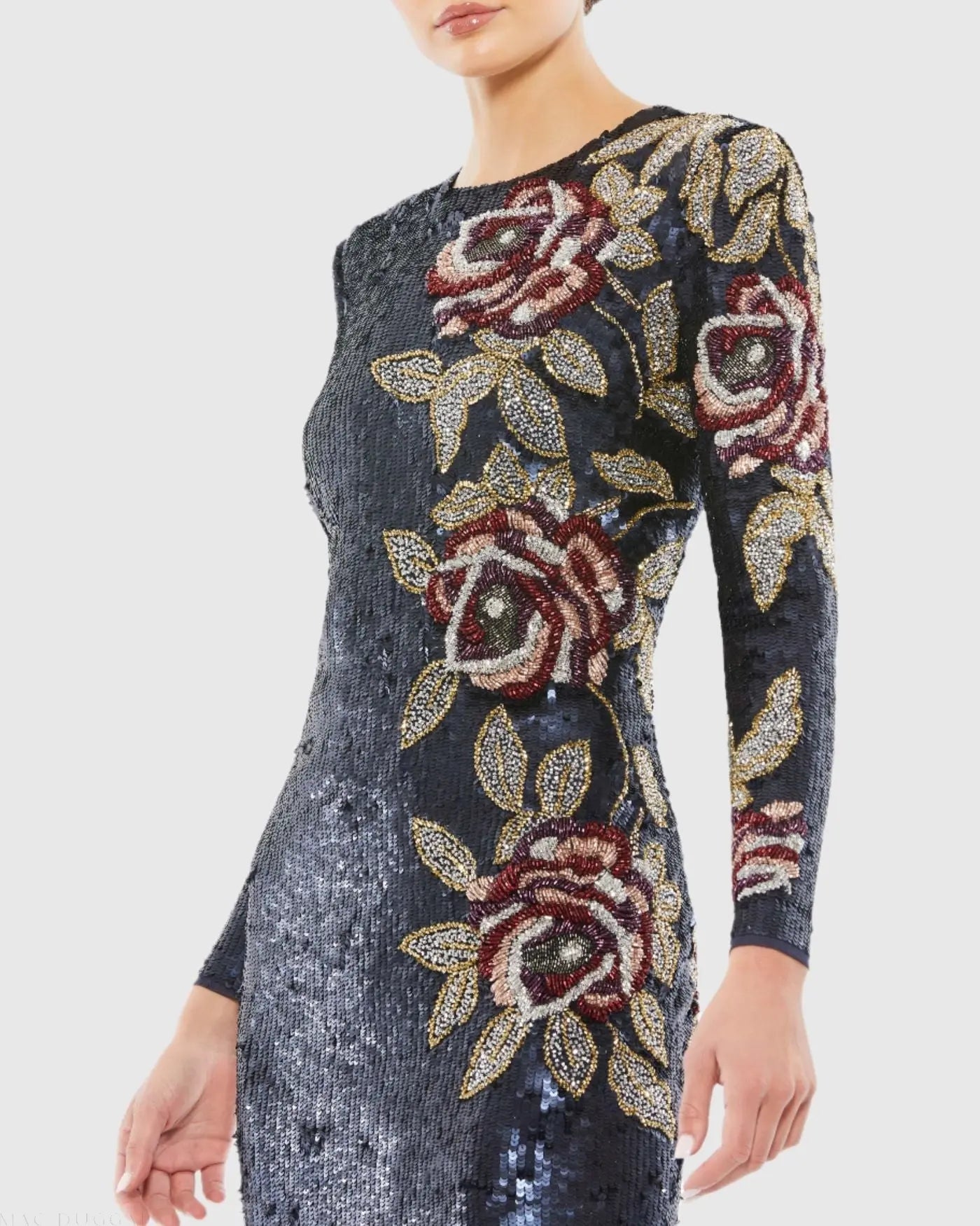 Navy Sequined Asymmetrical Floral Long Sleeve Midi Dress-Myartka