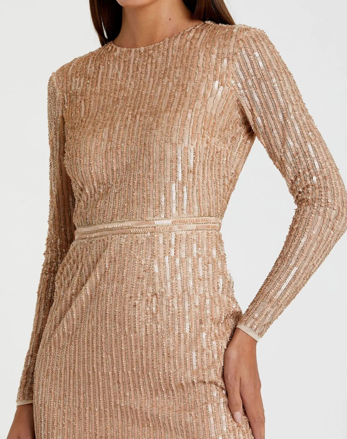 Beige Long Sleeve Sequin Mini Dress - FINAL SALE-Myartka