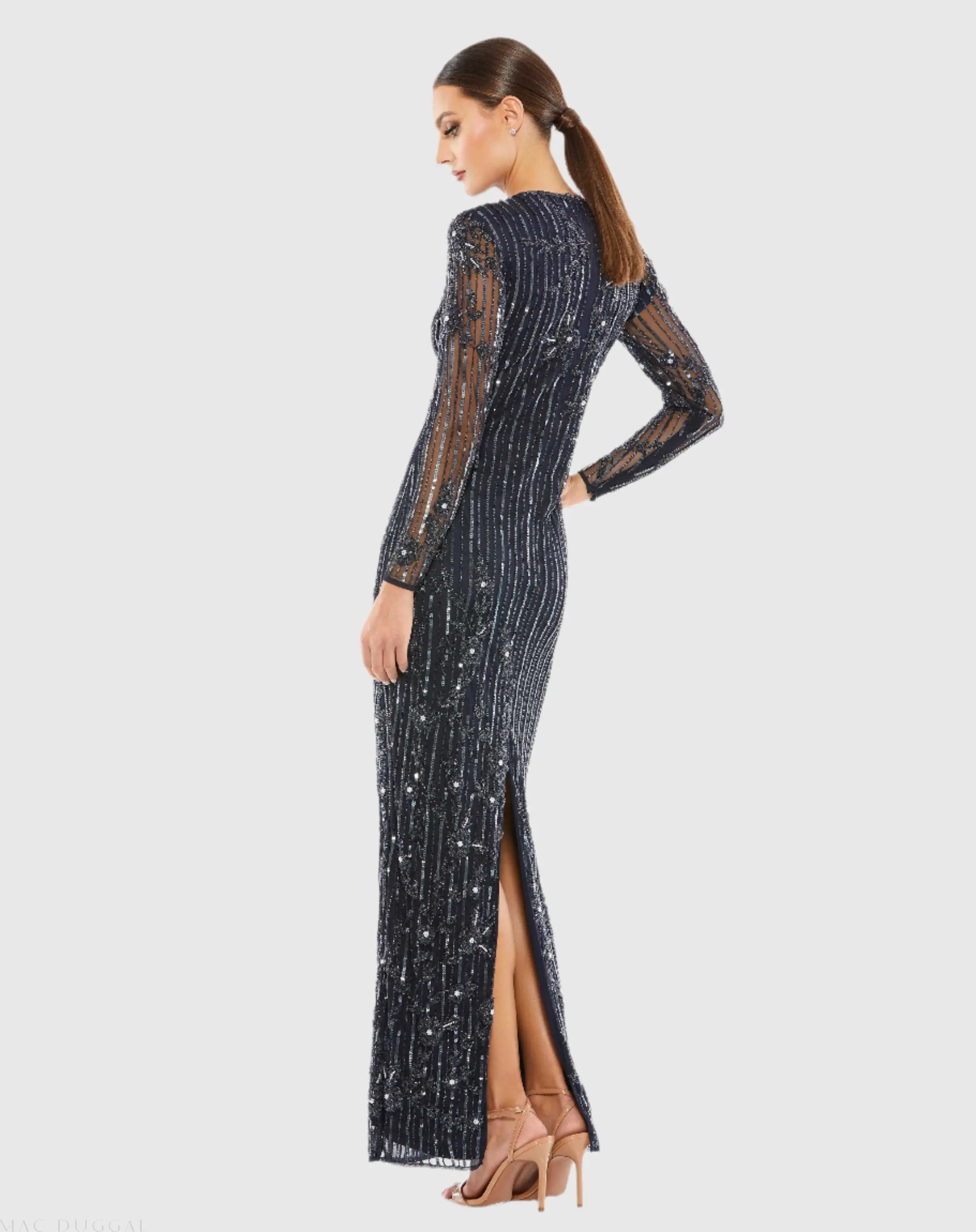 Navy Embellished High Neck Illusion Long Sleeve Gown-Myartka