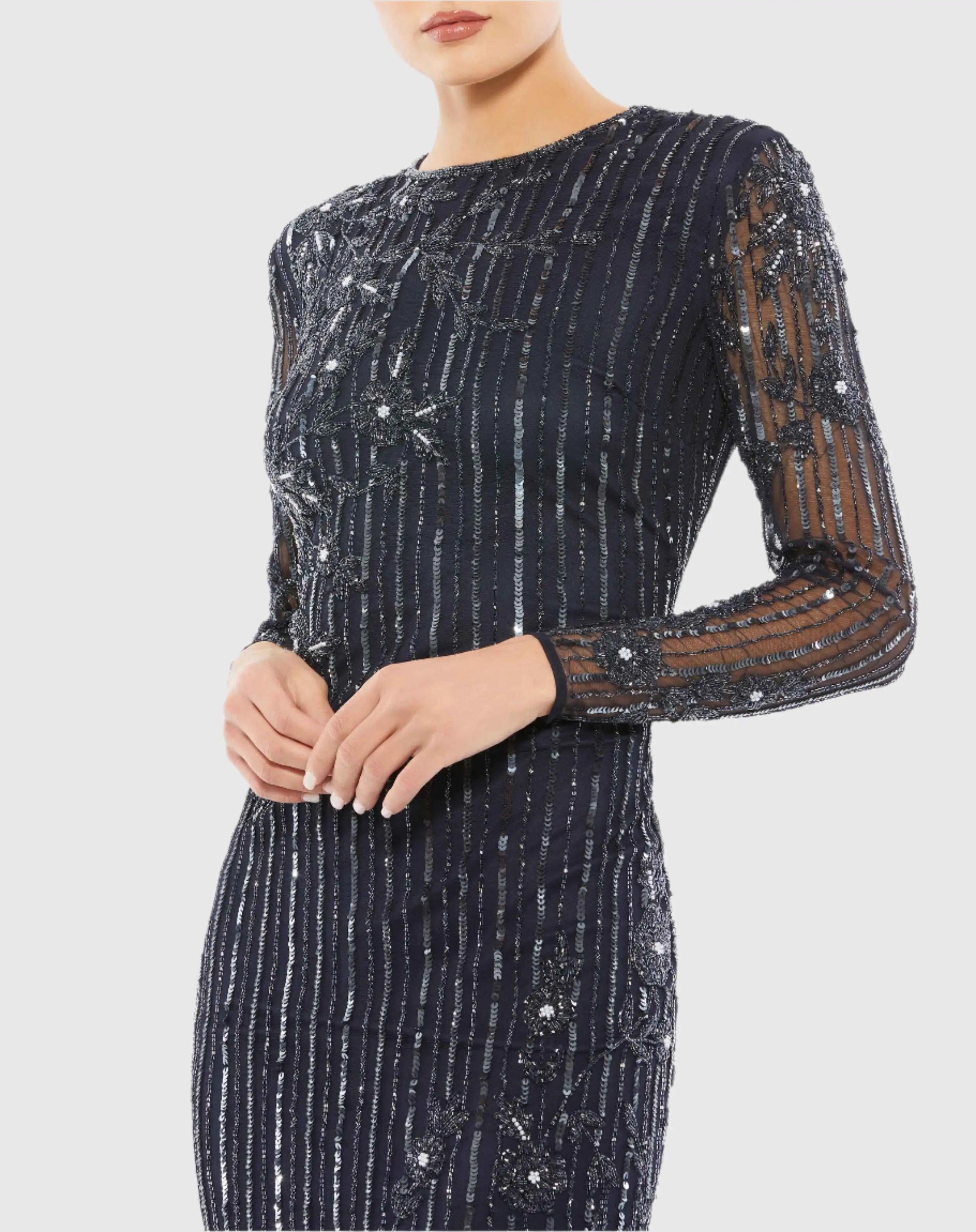 Navy Embellished High Neck Illusion Long Sleeve Gown-Myartka