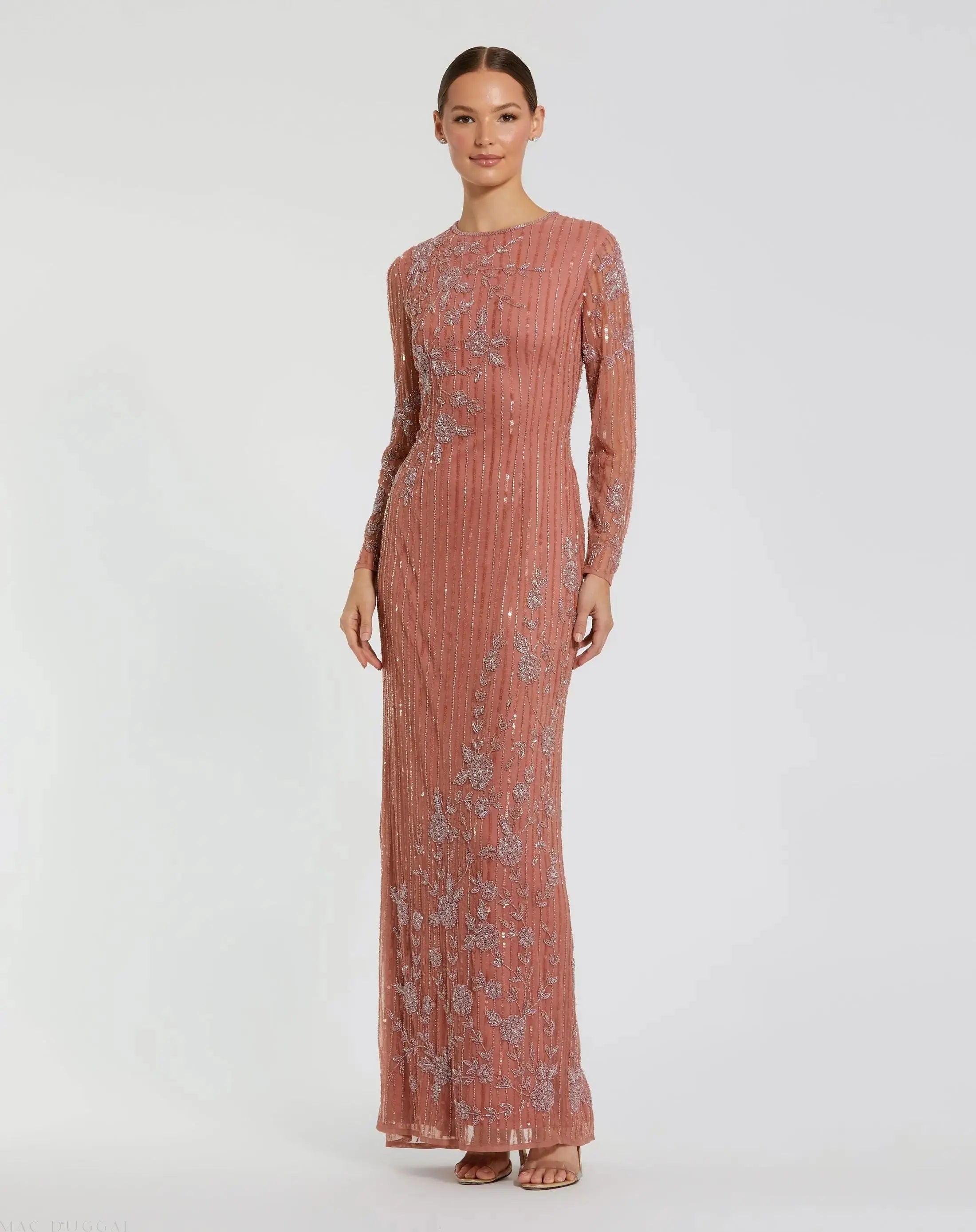 Embellished High Neck Illusion Long Sleeve Gown-Myartka
