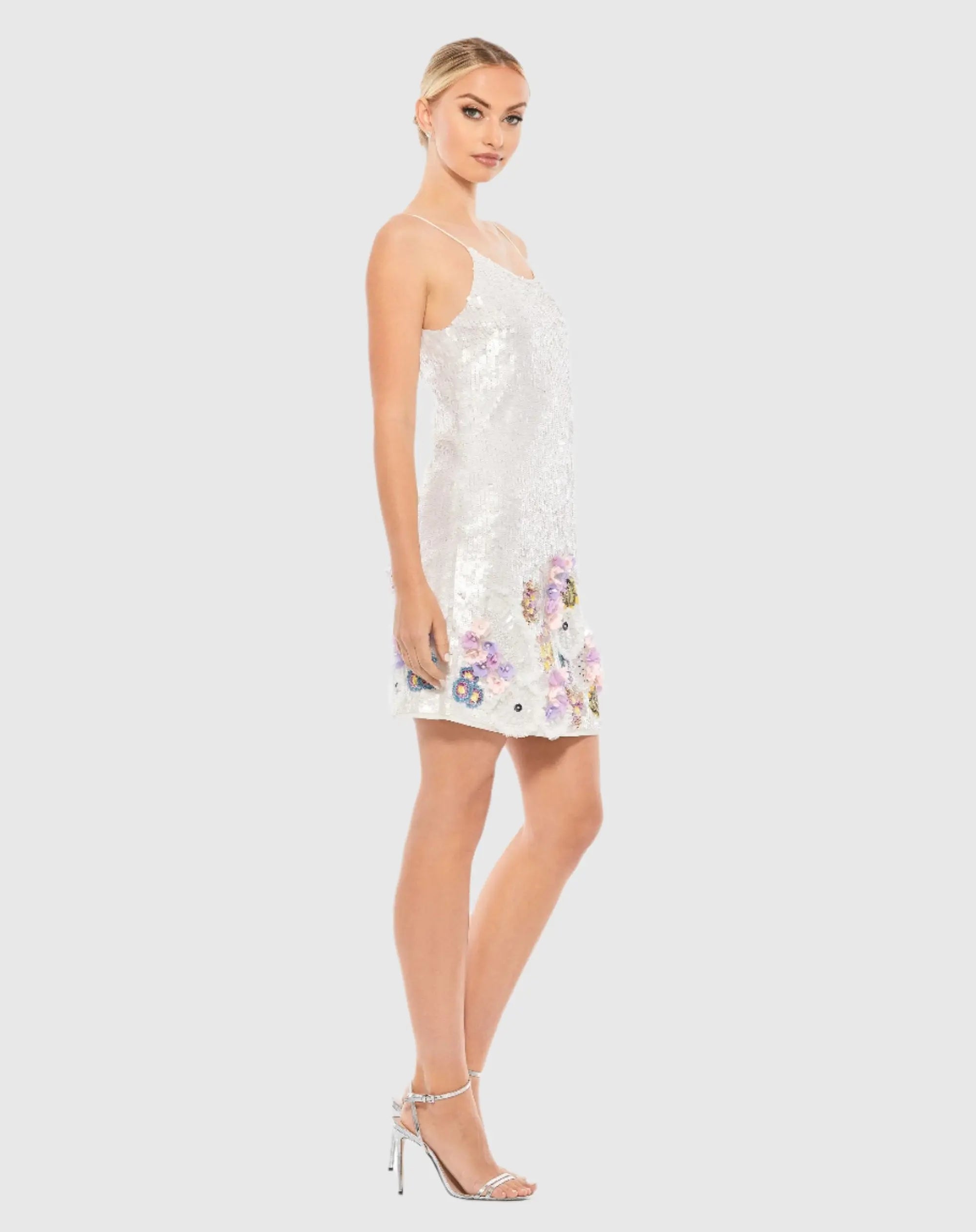 White Sequined Mixed Media Floral Embellished Mini Dress-Myartka