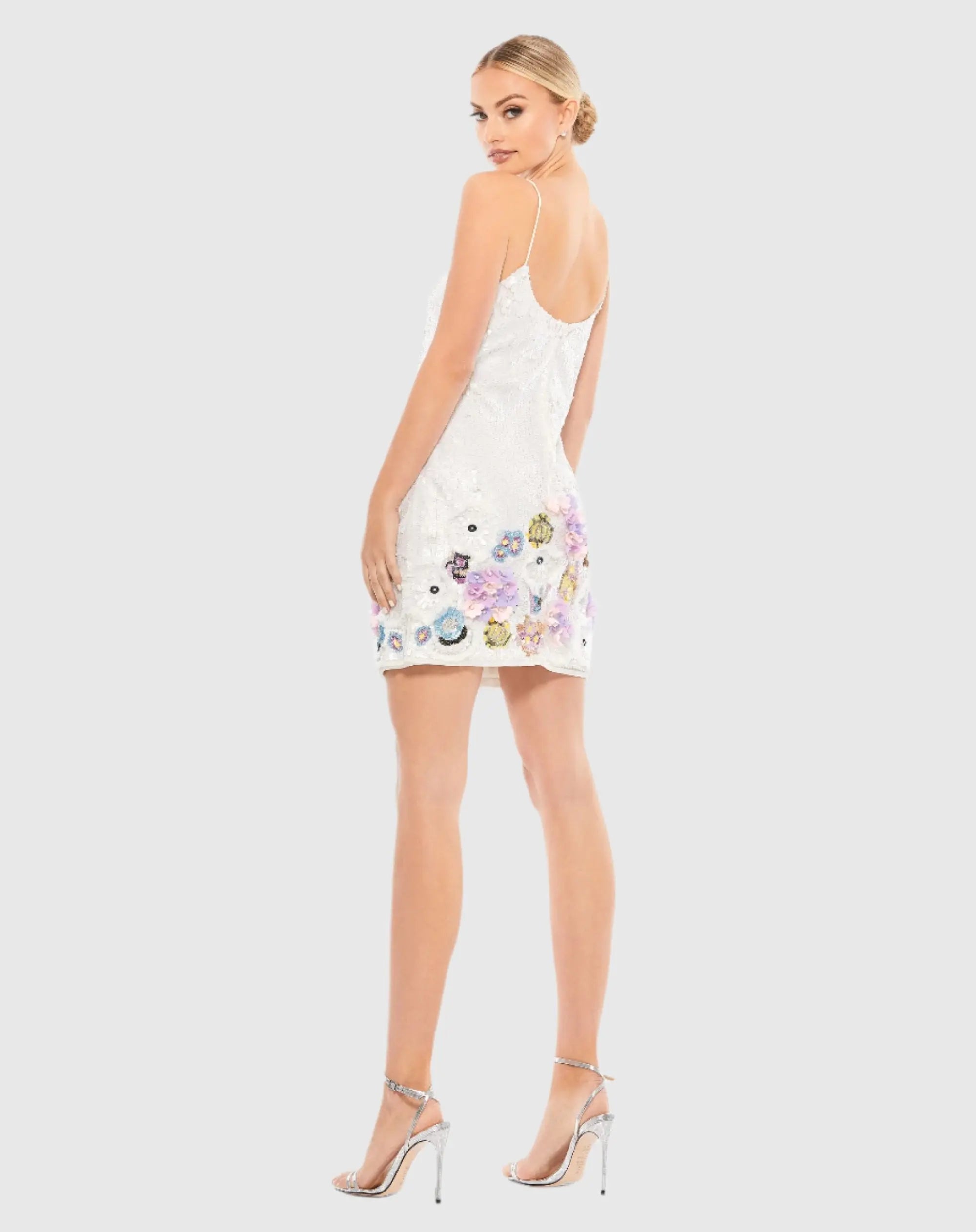White Sequined Mixed Media Floral Embellished Mini Dress-Myartka