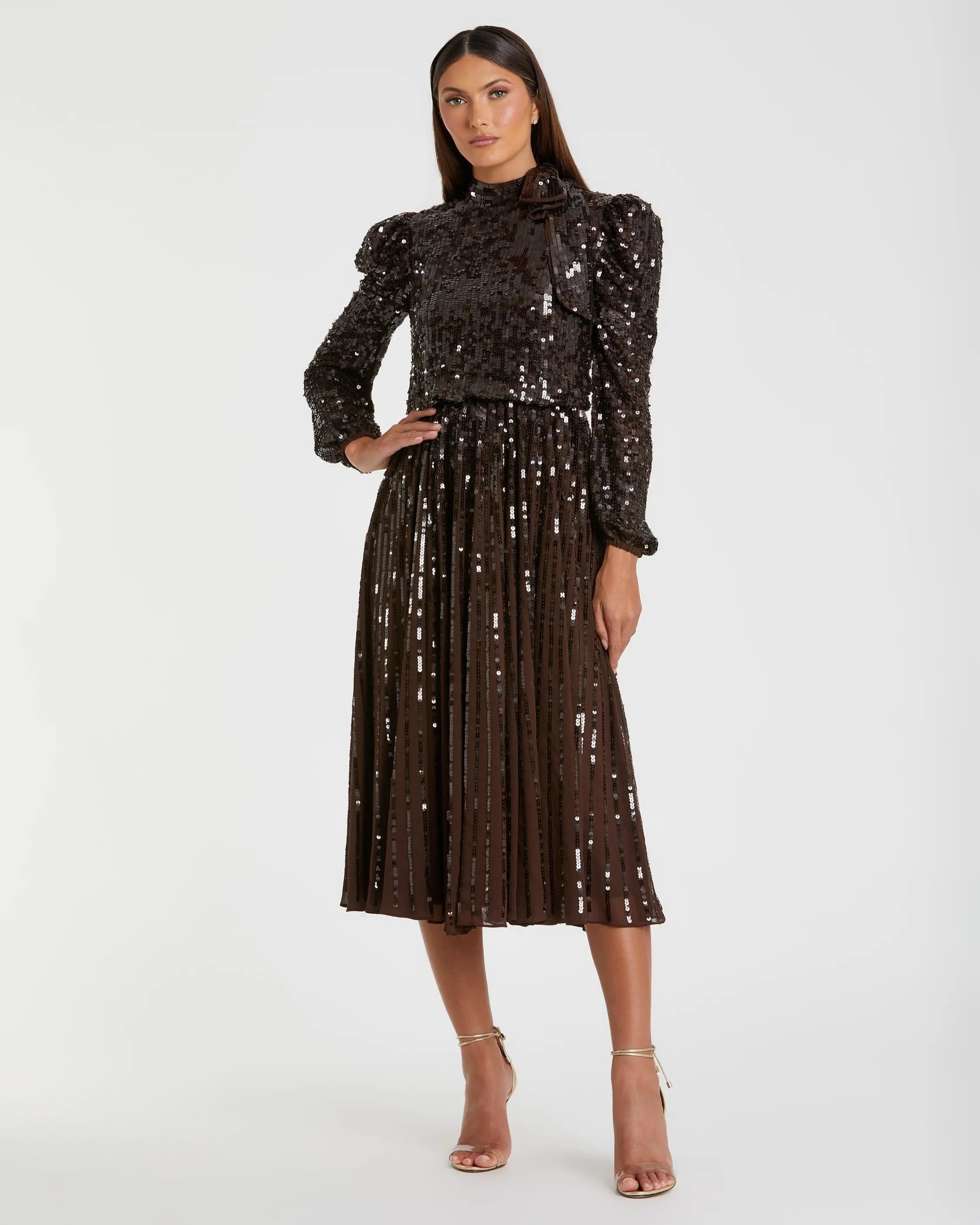 Brown Long Sleeve Sequin Tea Length Dress - FINAL SALE-Myartka