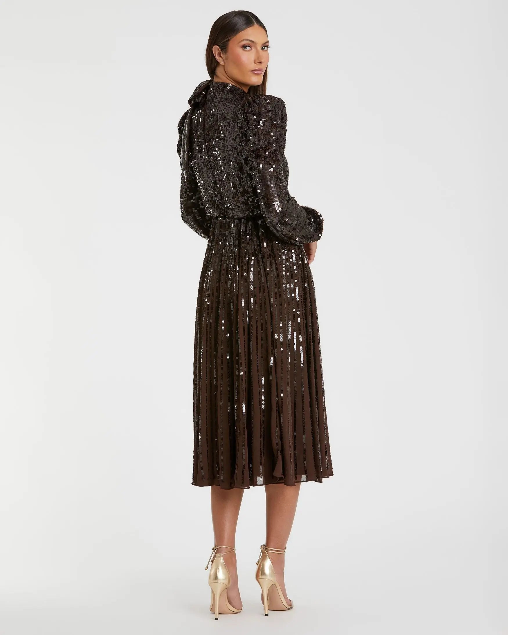 Brown Long Sleeve Sequin Tea Length Dress - FINAL SALE-Myartka